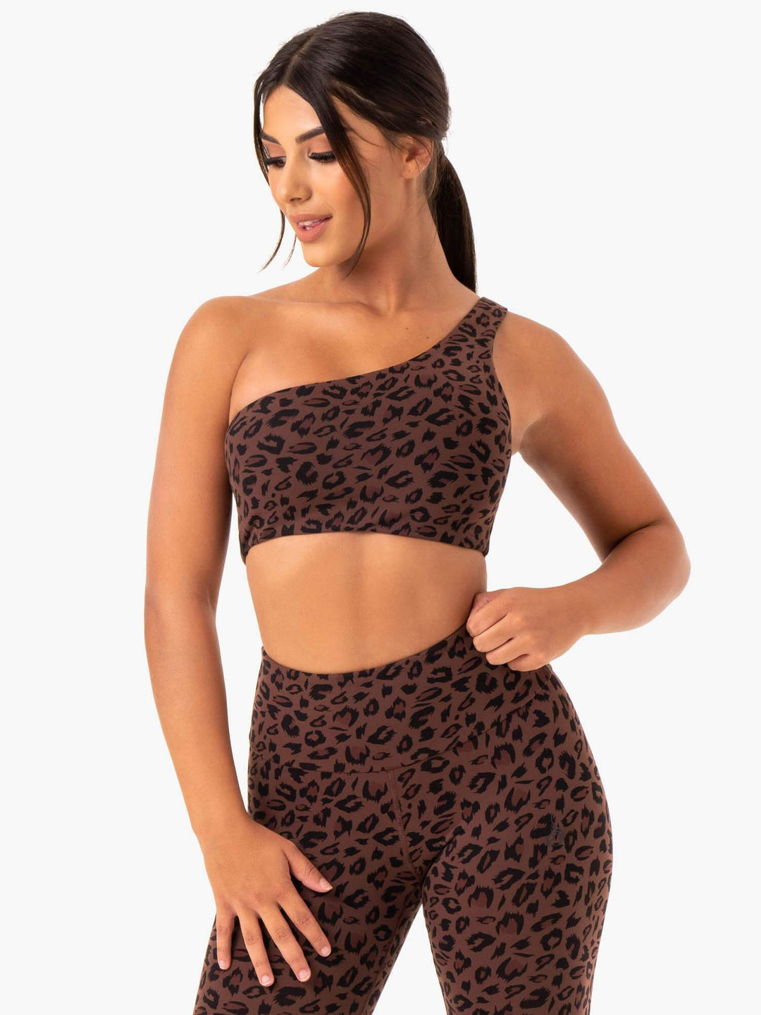 Adapt One Shoulder Sports Bra - Chocolate Leopard Clothing Ryderwear 