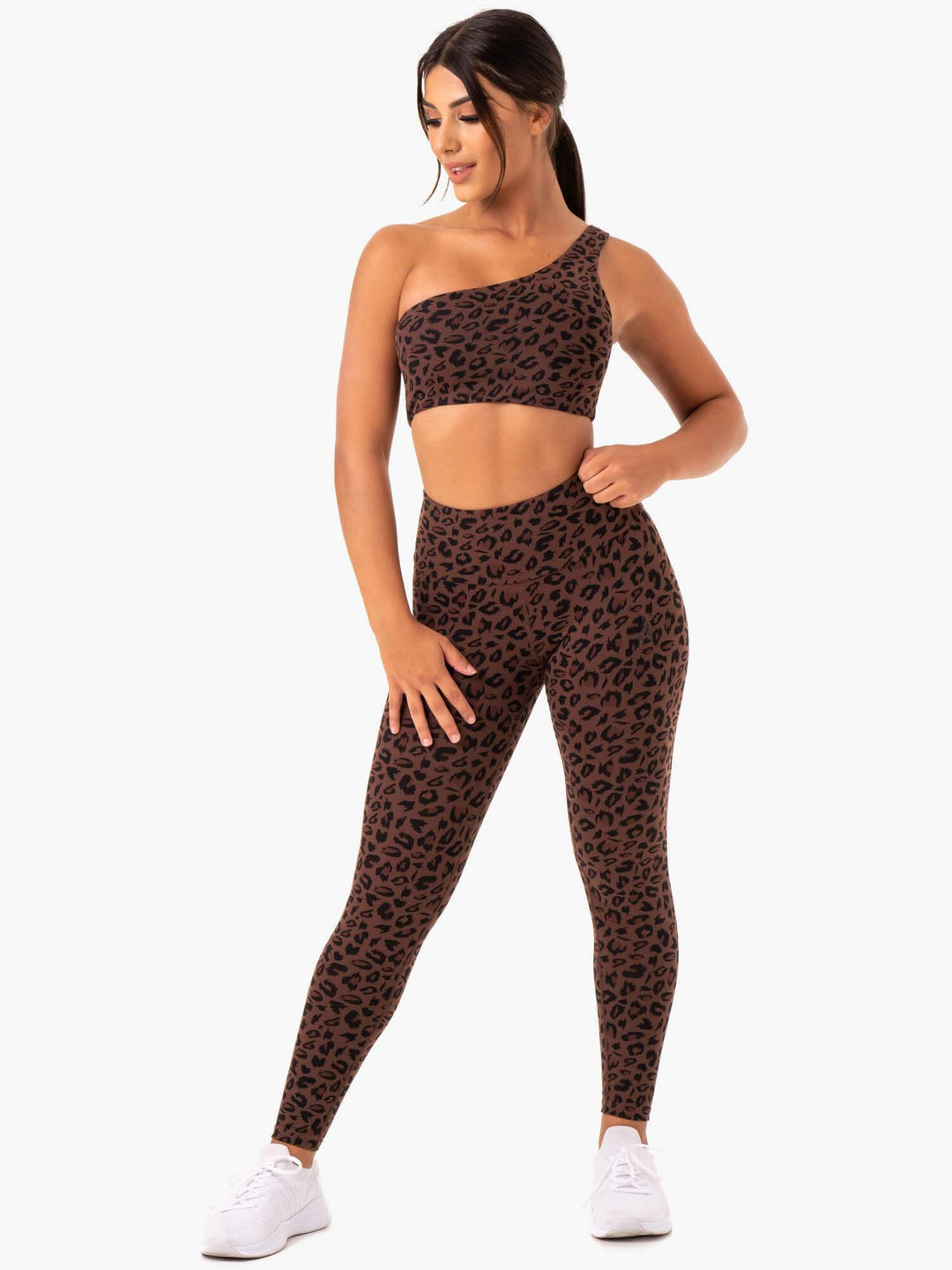 Adapt One Shoulder Sports Bra - Chocolate Leopard Clothing Ryderwear 