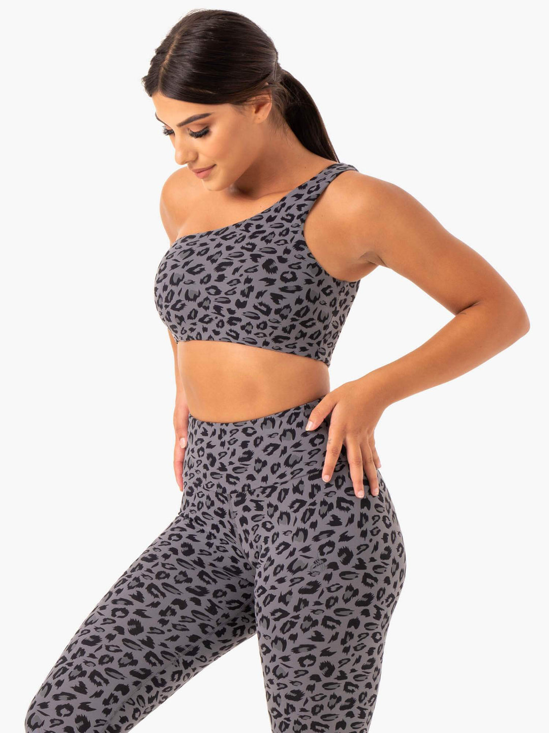 Adapt One Shoulder Sports Bra - Grey Leopard Clothing Ryderwear 