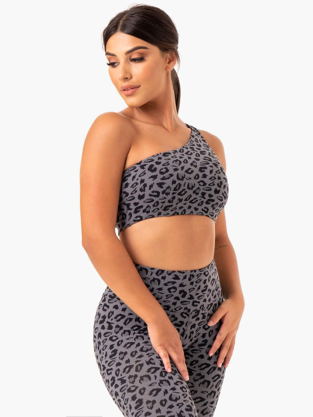 Adapt One Shoulder Sports Bra - Grey Leopard Clothing Ryderwear 