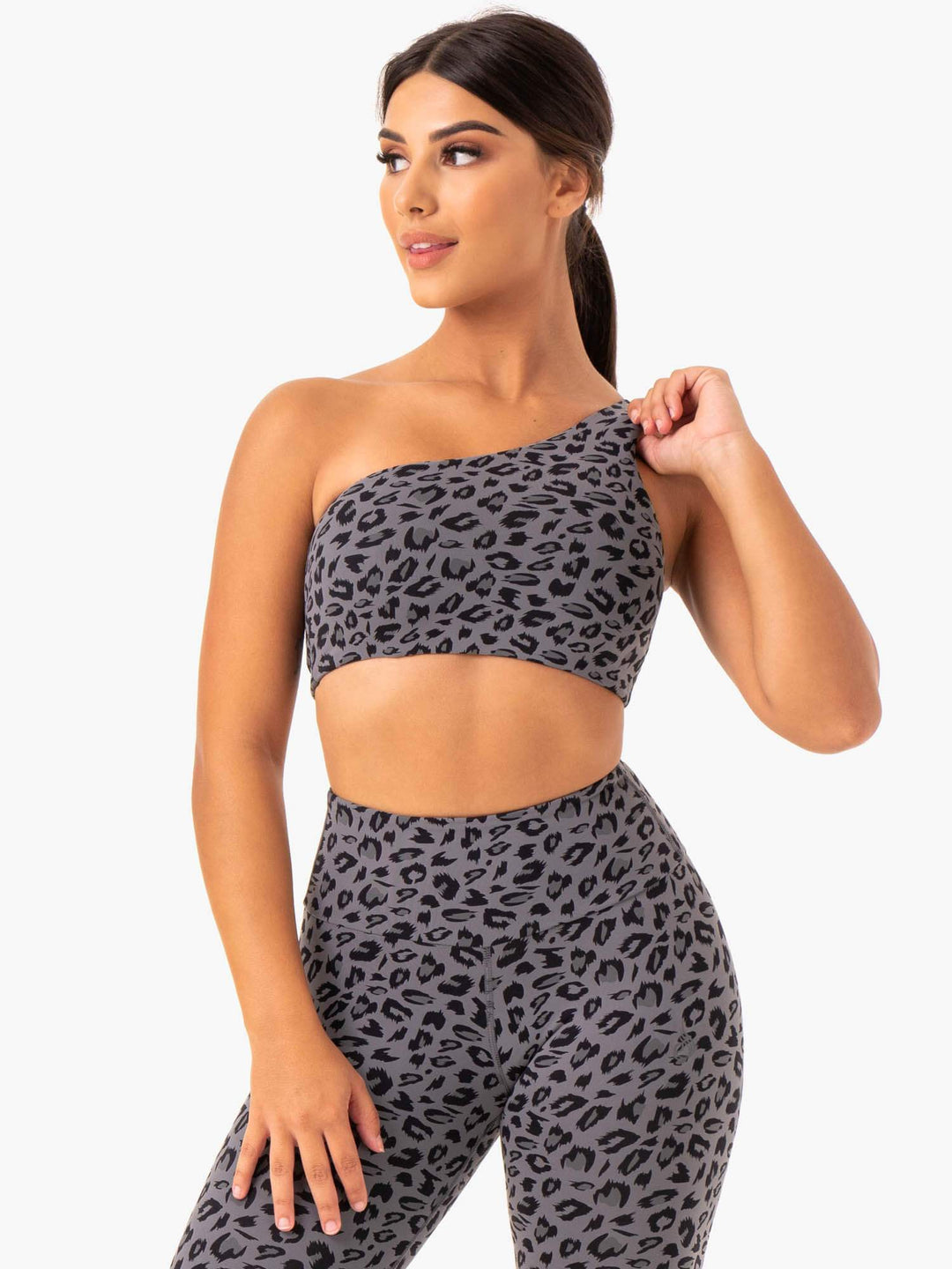 Adapt One Shoulder Sports Bra - Grey Leopard Clothing Ryderwear 