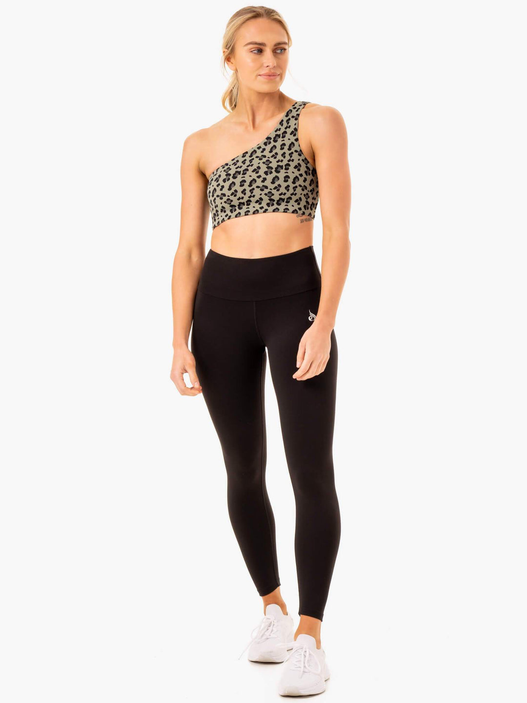 Adapt One Shoulder Sports Bra - Khaki Leopard Clothing Ryderwear 