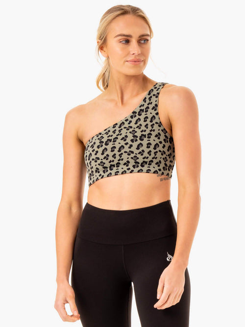 Adapt One Shoulder Sports Bra Khaki Leopard