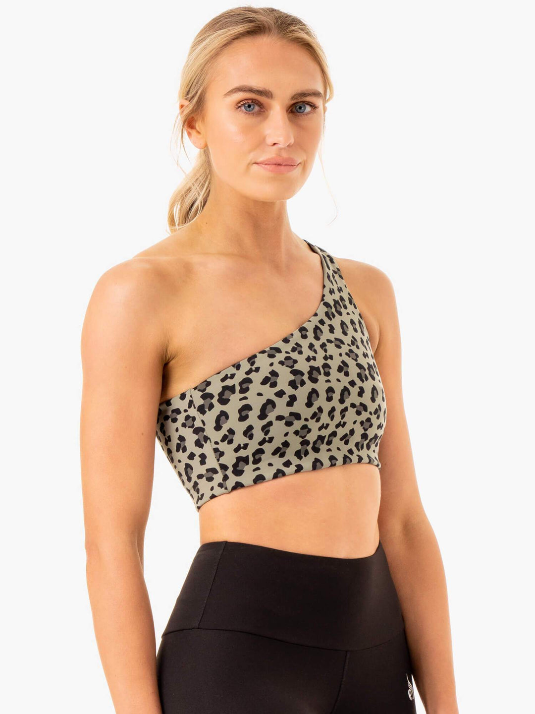 Adapt One Shoulder Sports Bra - Khaki Leopard Clothing Ryderwear 