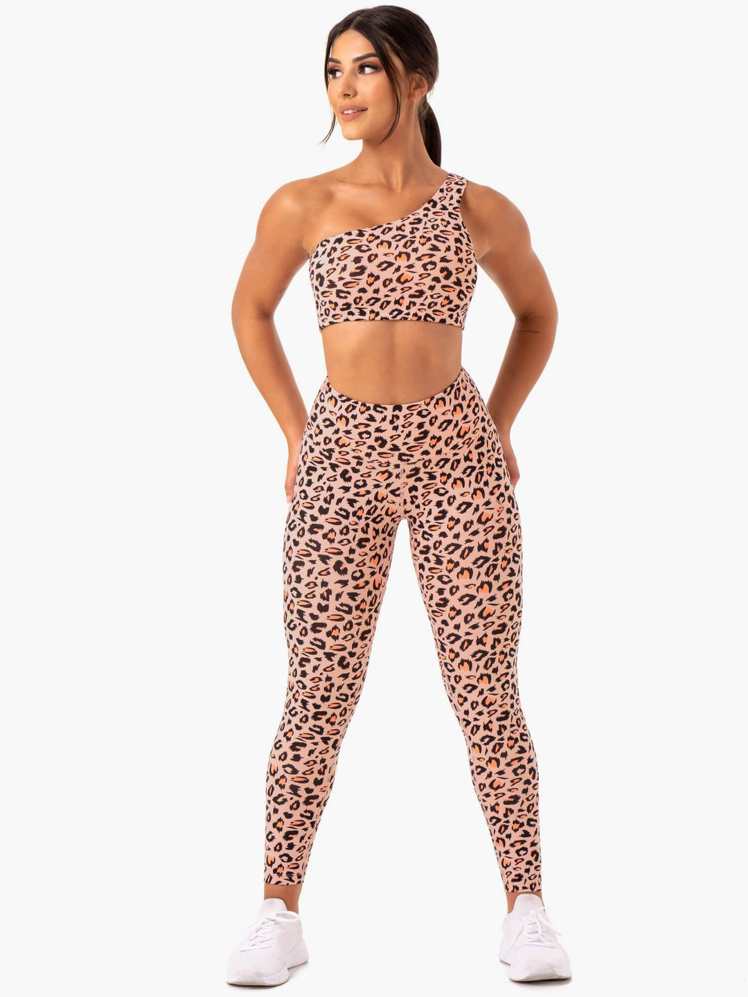 Adapt One Shoulder Sports Bra - Peach Leopard Clothing Ryderwear 