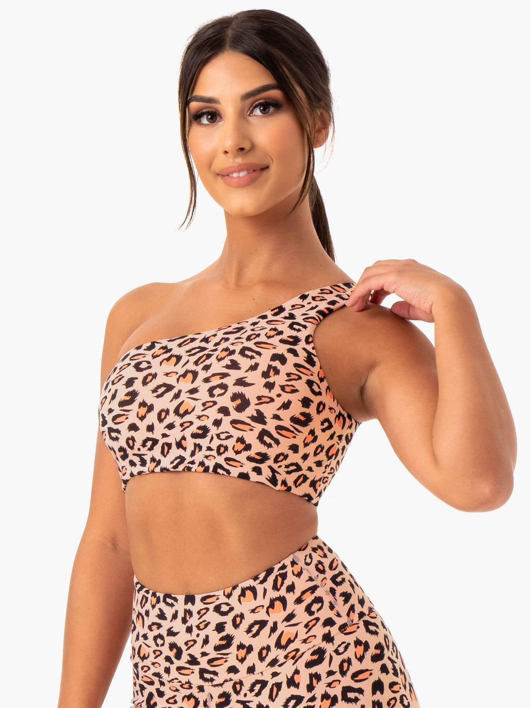 Adapt One Shoulder Sports Bra - Peach Leopard Clothing Ryderwear 