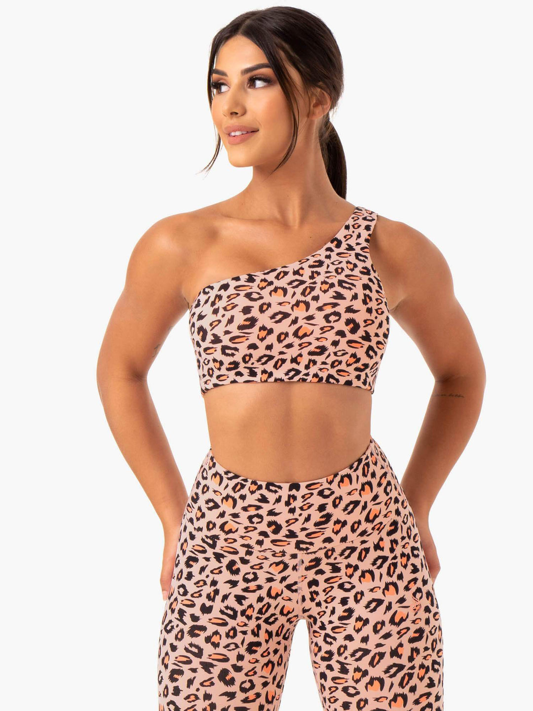 Adapt One Shoulder Sports Bra - Peach Leopard Clothing Ryderwear 