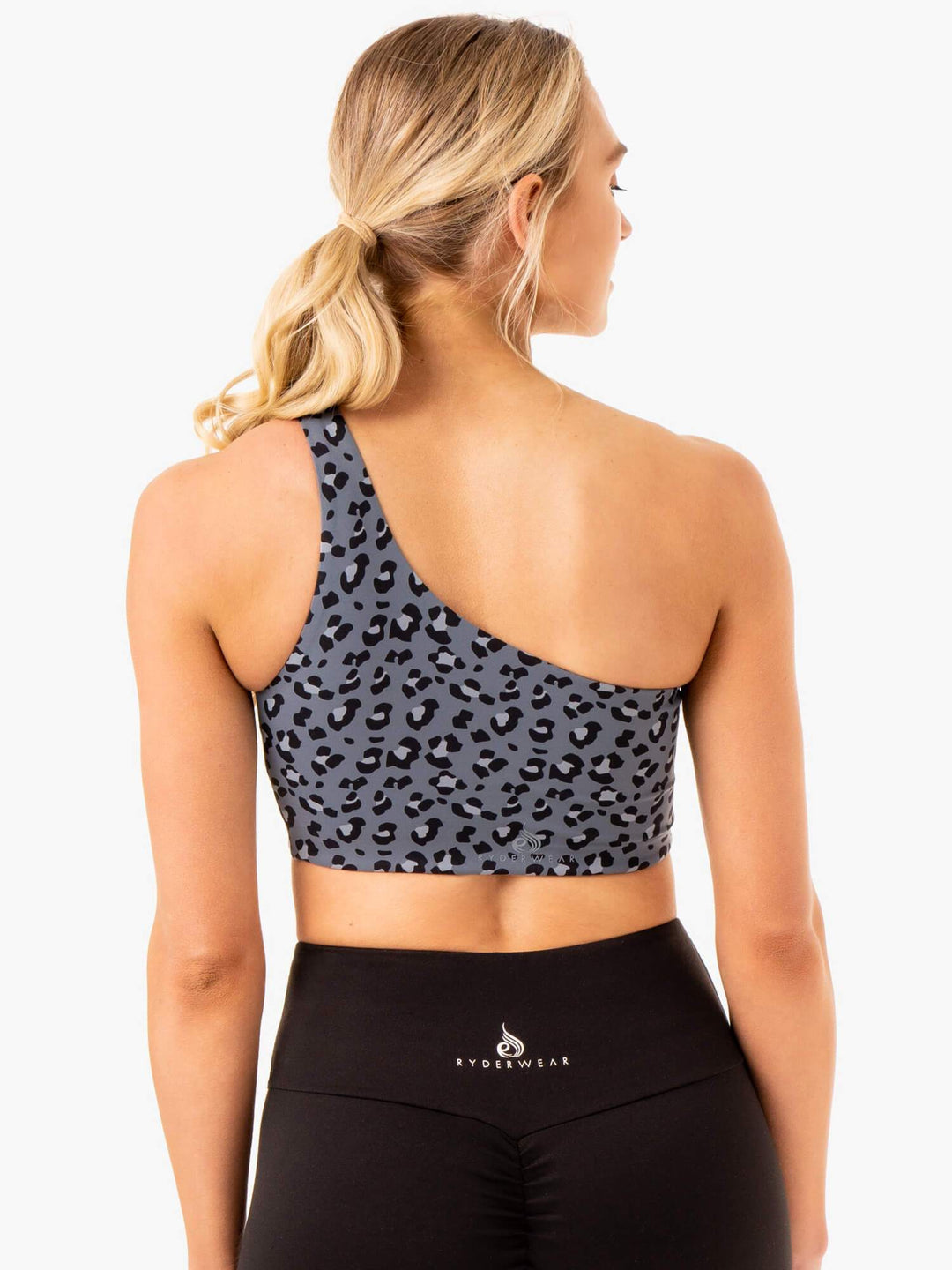 Adapt One Shoulder Sports Bra - Steel Blue Leopard Clothing Ryderwear 