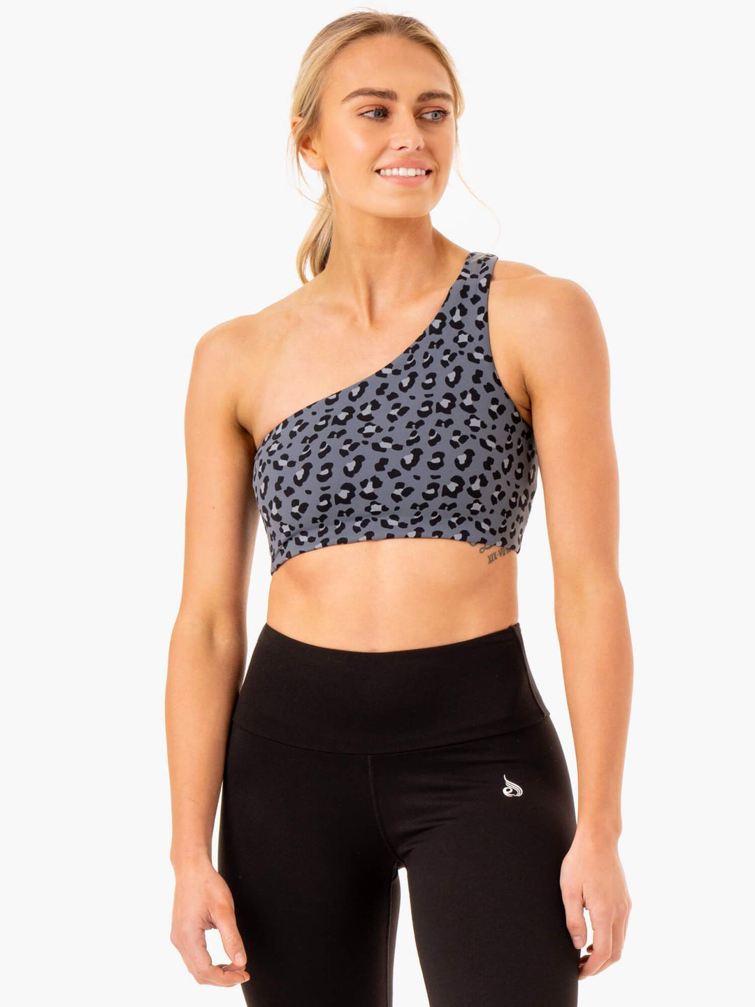 Adapt One Shoulder Sports Bra - Steel Blue Leopard Clothing Ryderwear 