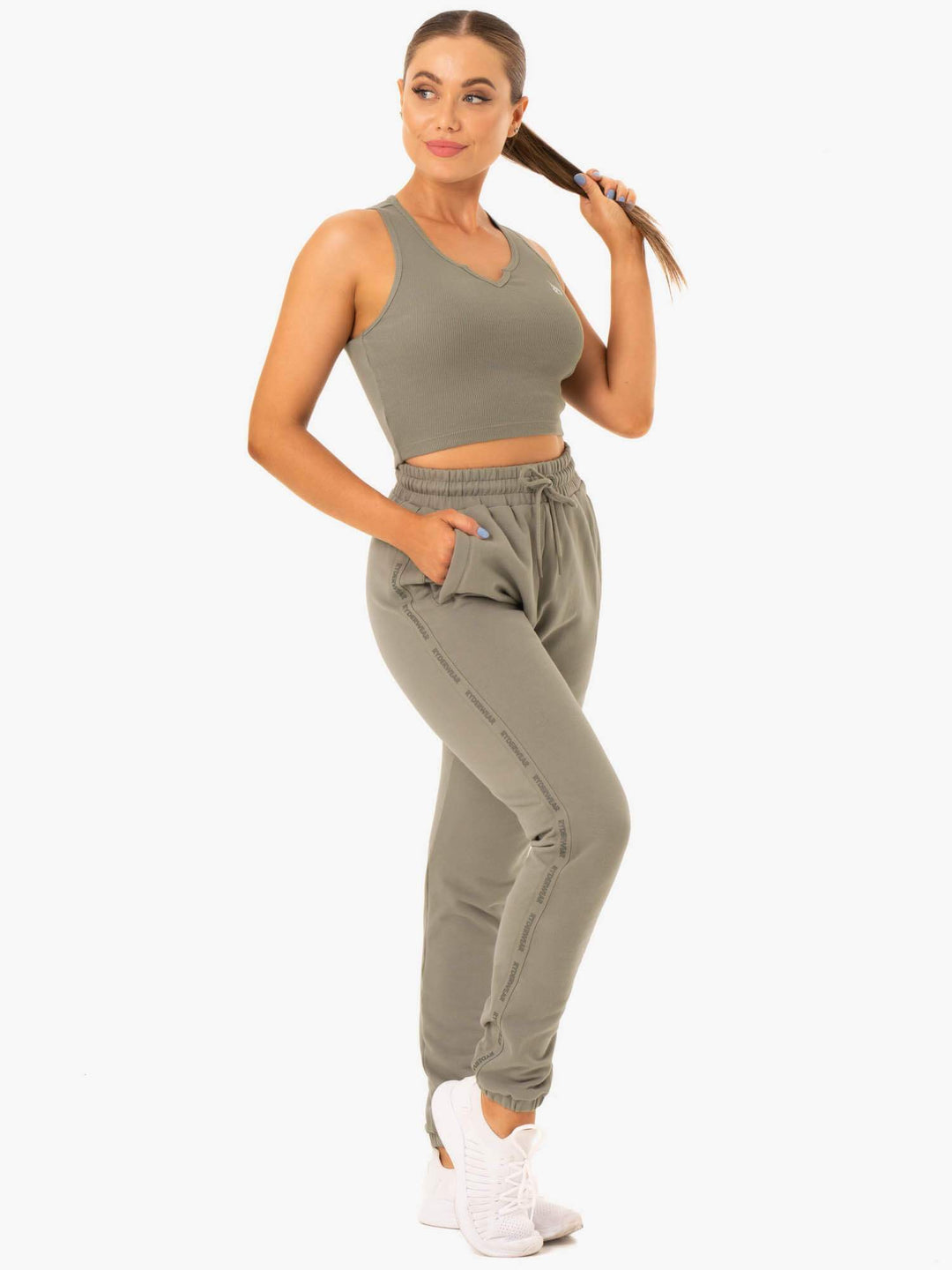 Base High Waisted Track Pants - Khaki Clothing Ryderwear 