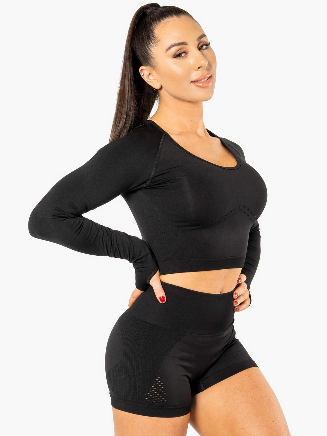 Electra Seamless Long Sleeve Crop Top - Black Clothing Ryderwear 