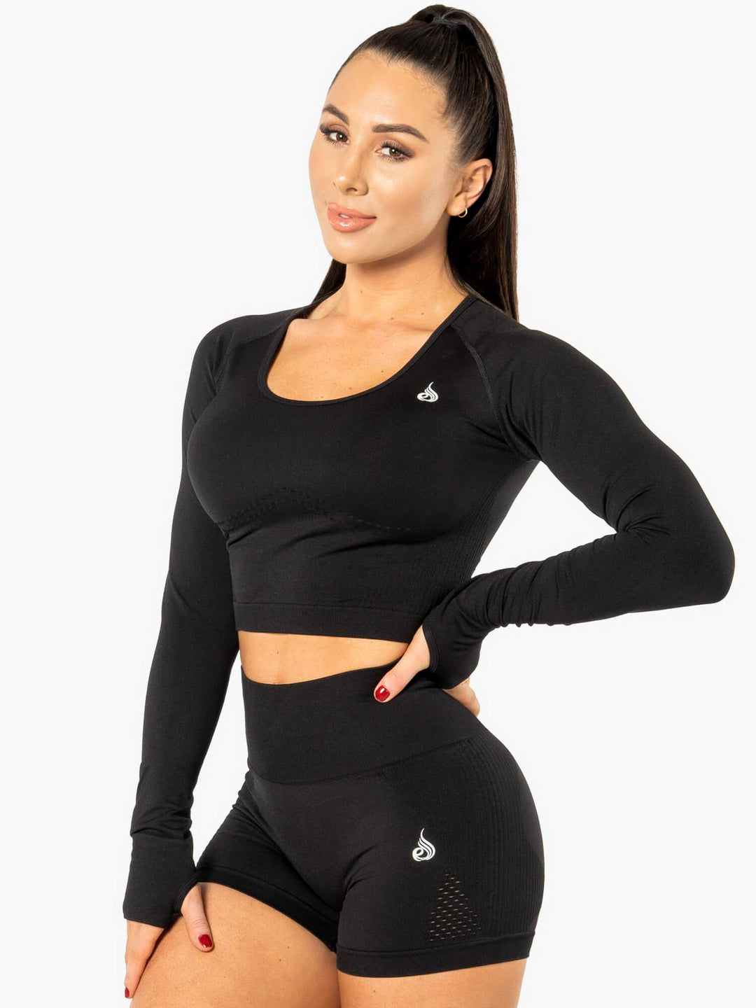 Electra Seamless Long Sleeve Crop Top - Black Clothing Ryderwear 