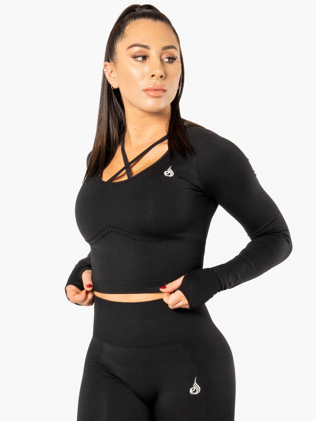 Electra Seamless Long Sleeve Crop Top - Black Clothing Ryderwear 