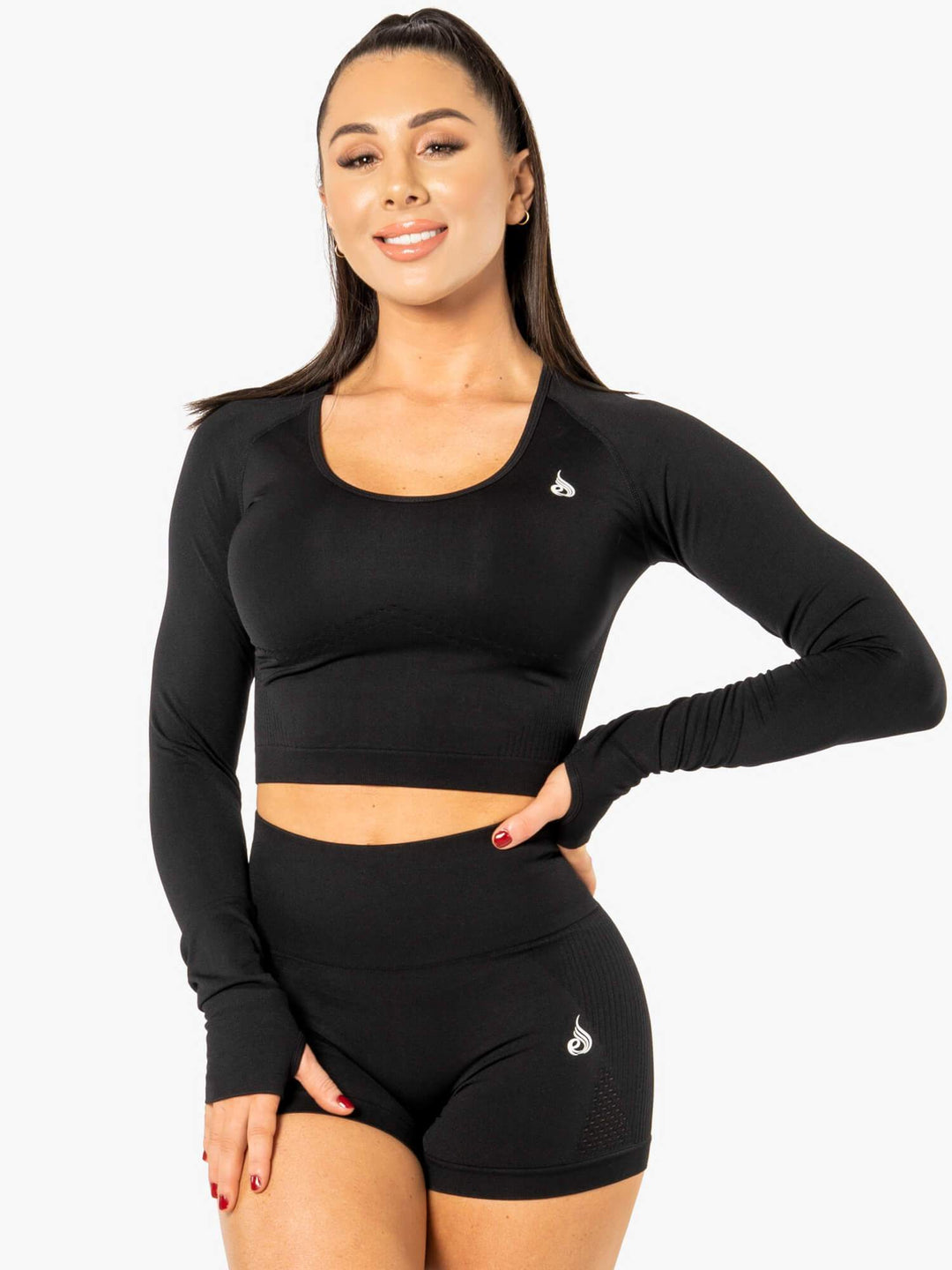 Electra Seamless Long Sleeve Crop Top - Black Clothing Ryderwear 