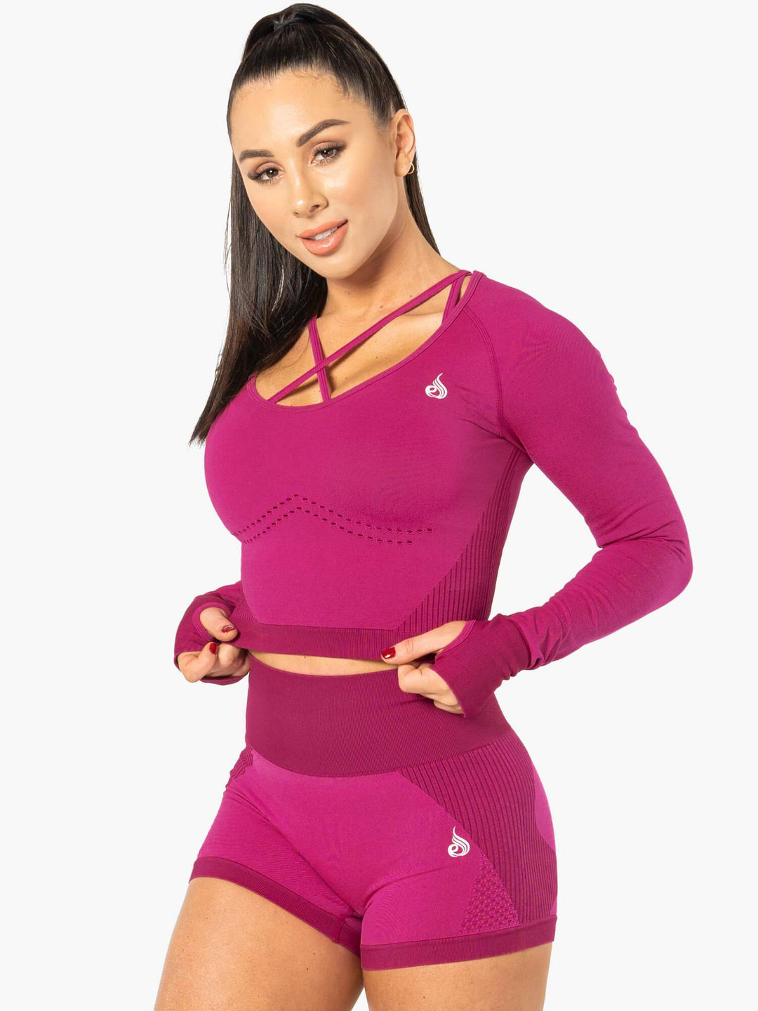 Electra Seamless Long Sleeve Crop Top - Electric Pink Clothing Ryderwear 