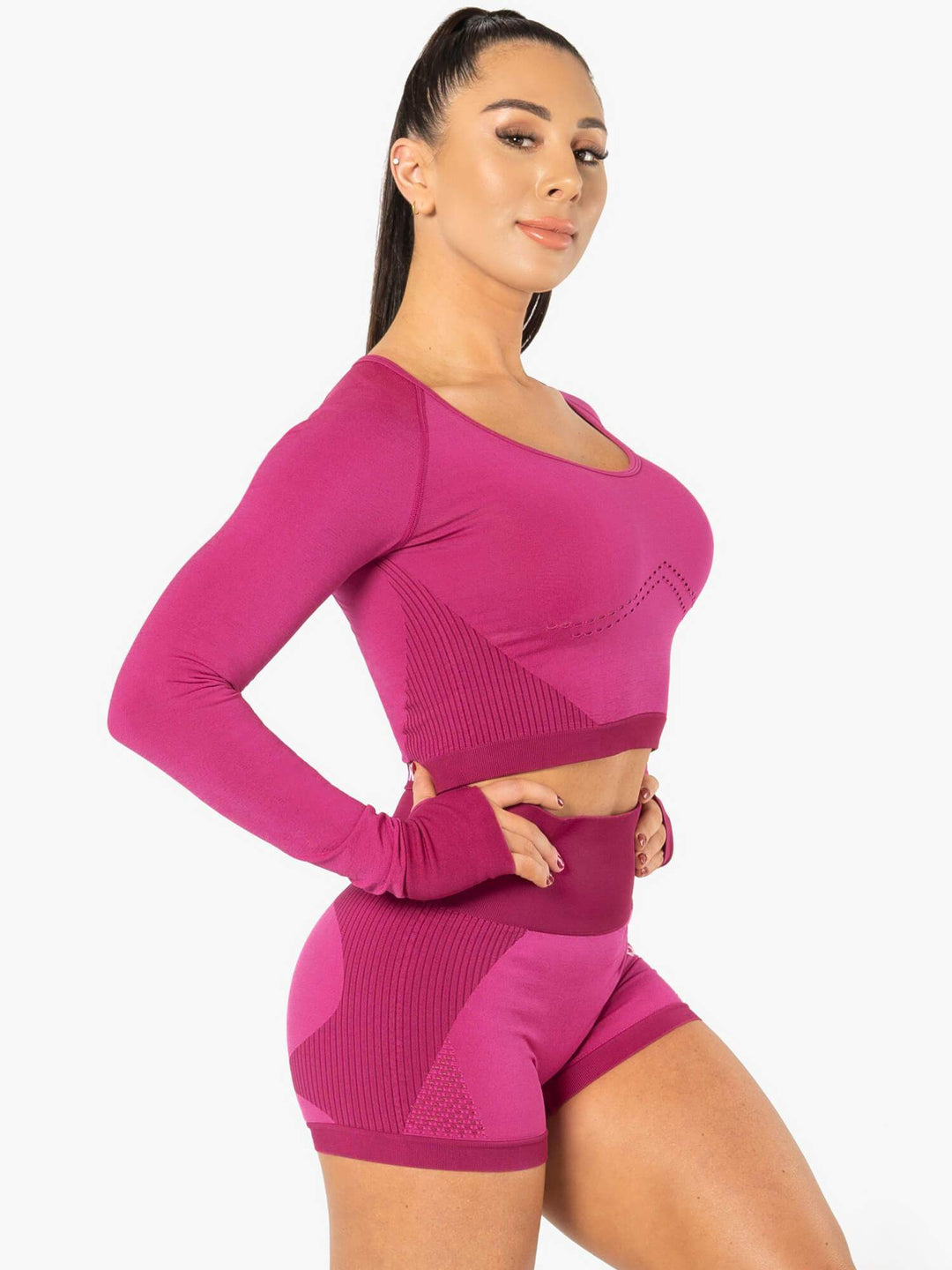 Electra Seamless Long Sleeve Crop Top - Electric Pink Clothing Ryderwear 