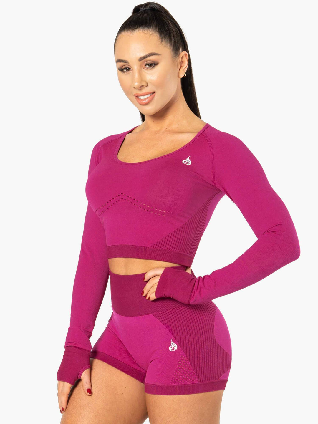 Electra Seamless Long Sleeve Crop Top - Electric Pink Clothing Ryderwear 