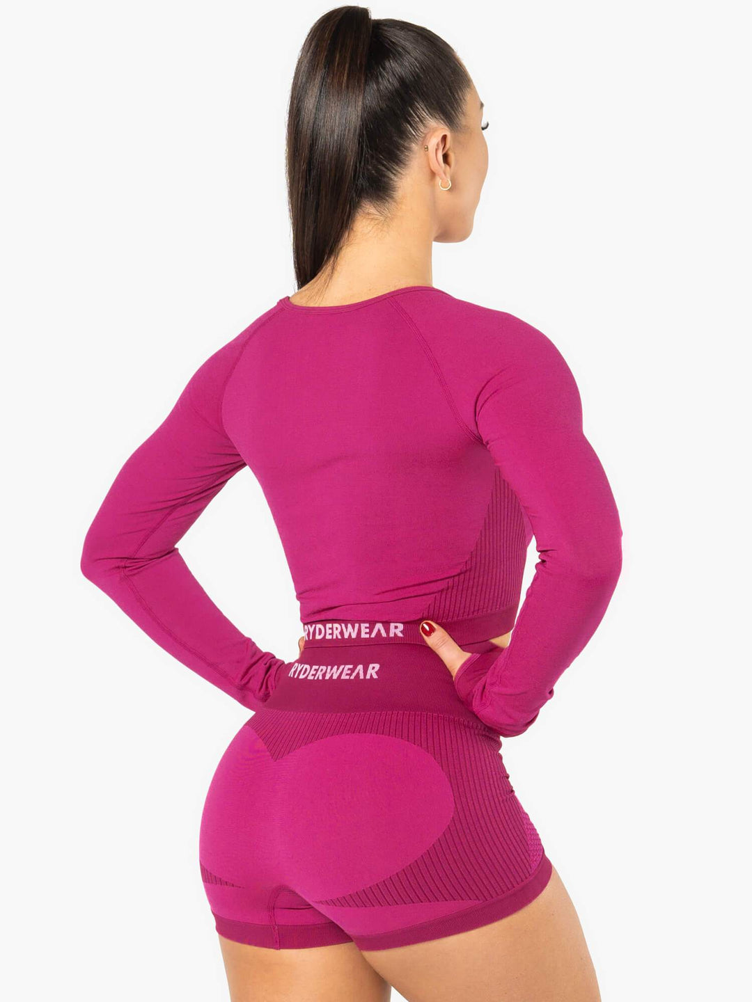 Electra Seamless Long Sleeve Crop Top - Electric Pink Clothing Ryderwear 