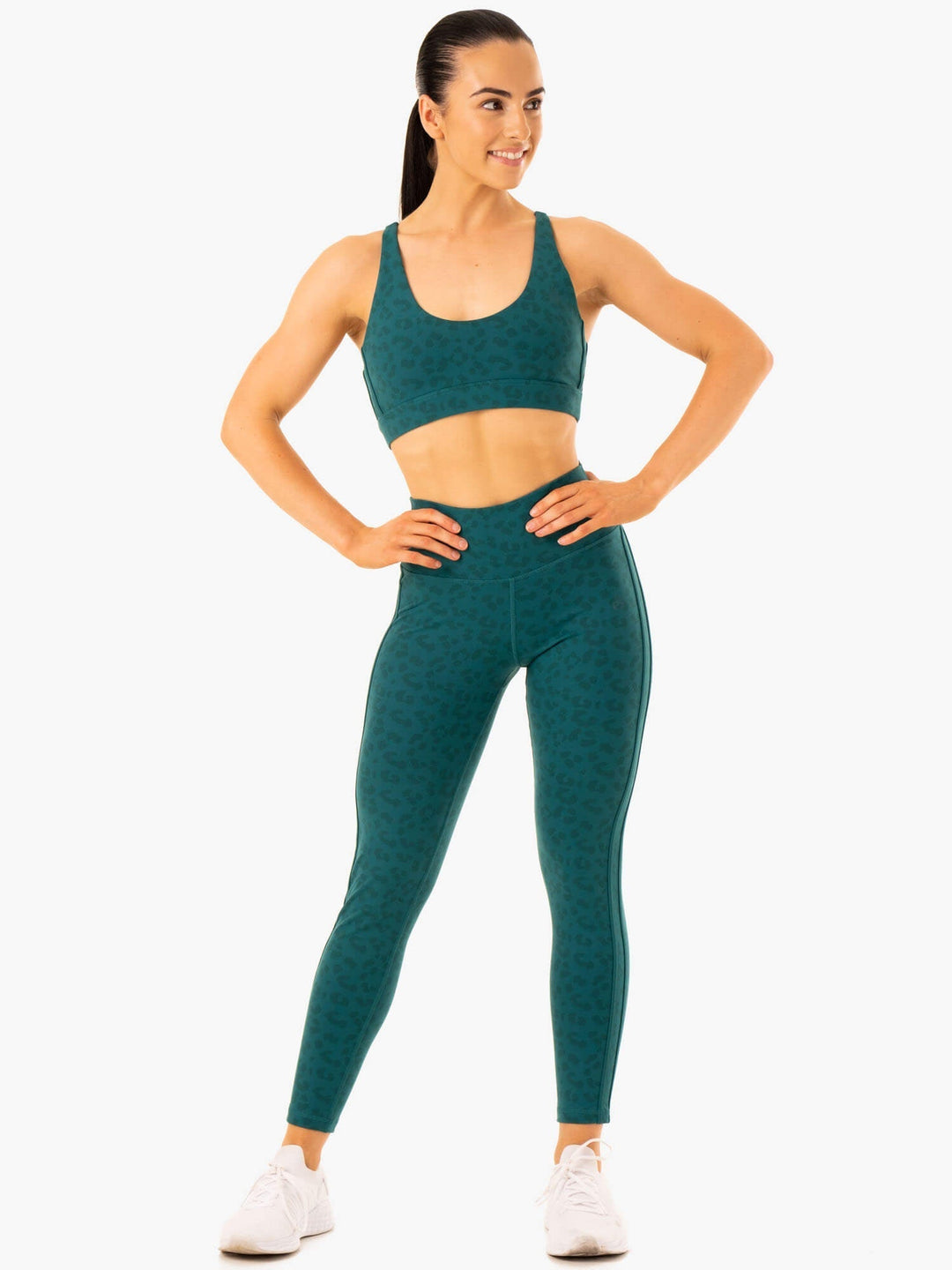 Evolution High Waisted Scrunch Leggings - Teal Leopard Clothing Ryderwear 