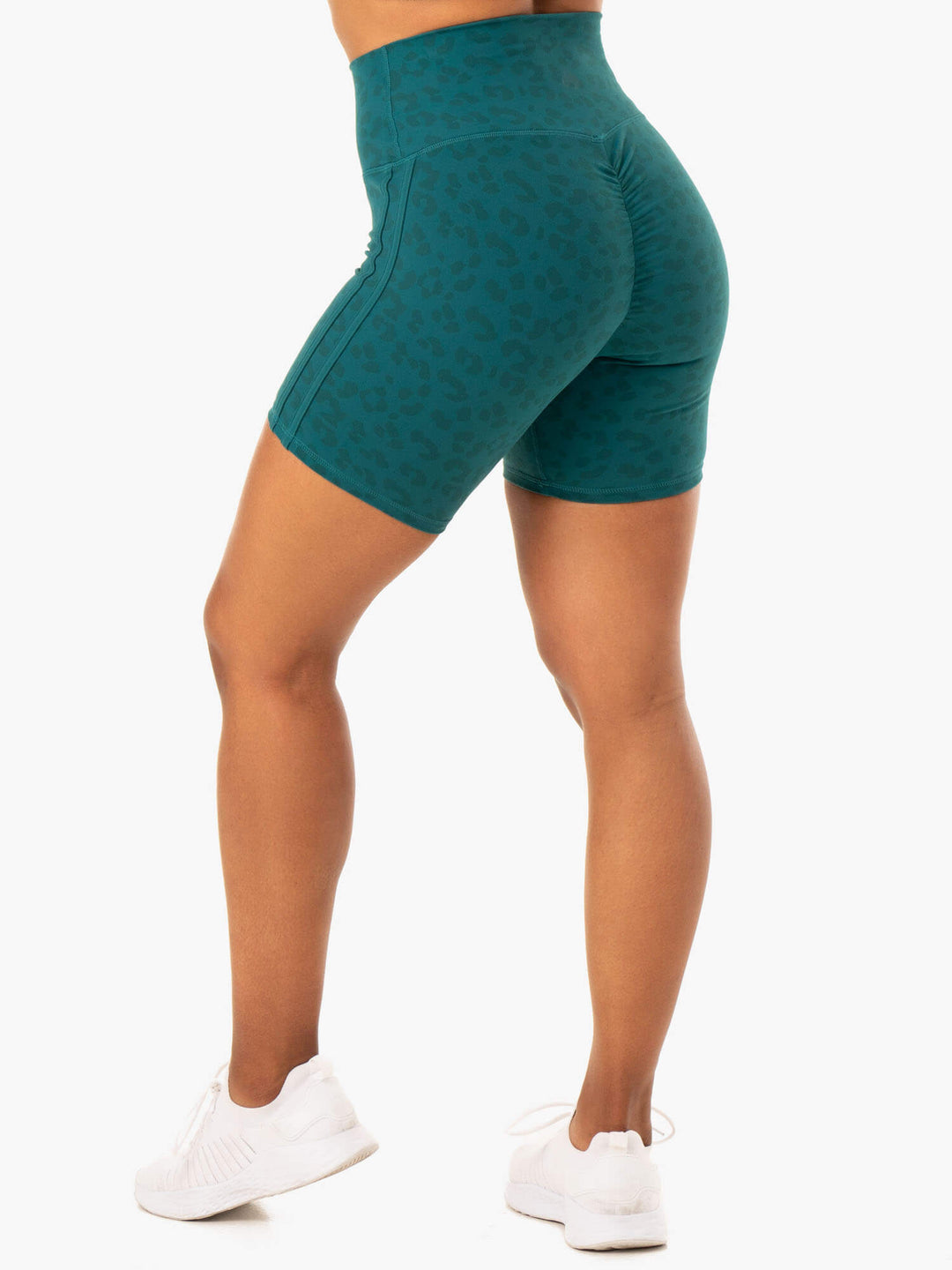 Evolution High Waisted Scrunch Shorts - Teal Leopard Clothing Ryderwear 