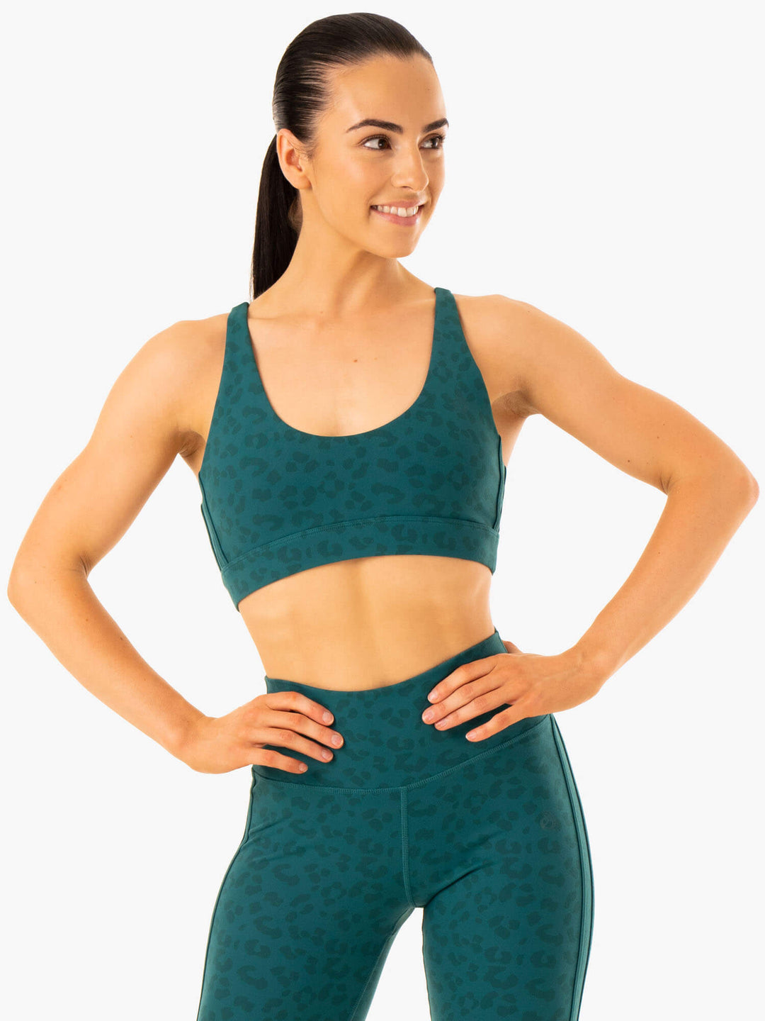 Evolution Sports Bra - Teal Leopard Clothing Ryderwear 