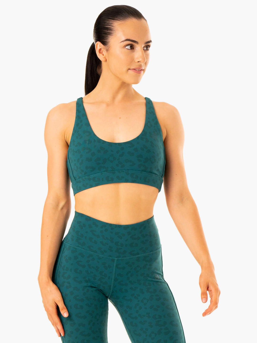 Evolution Sports Bra - Teal Leopard Clothing Ryderwear 