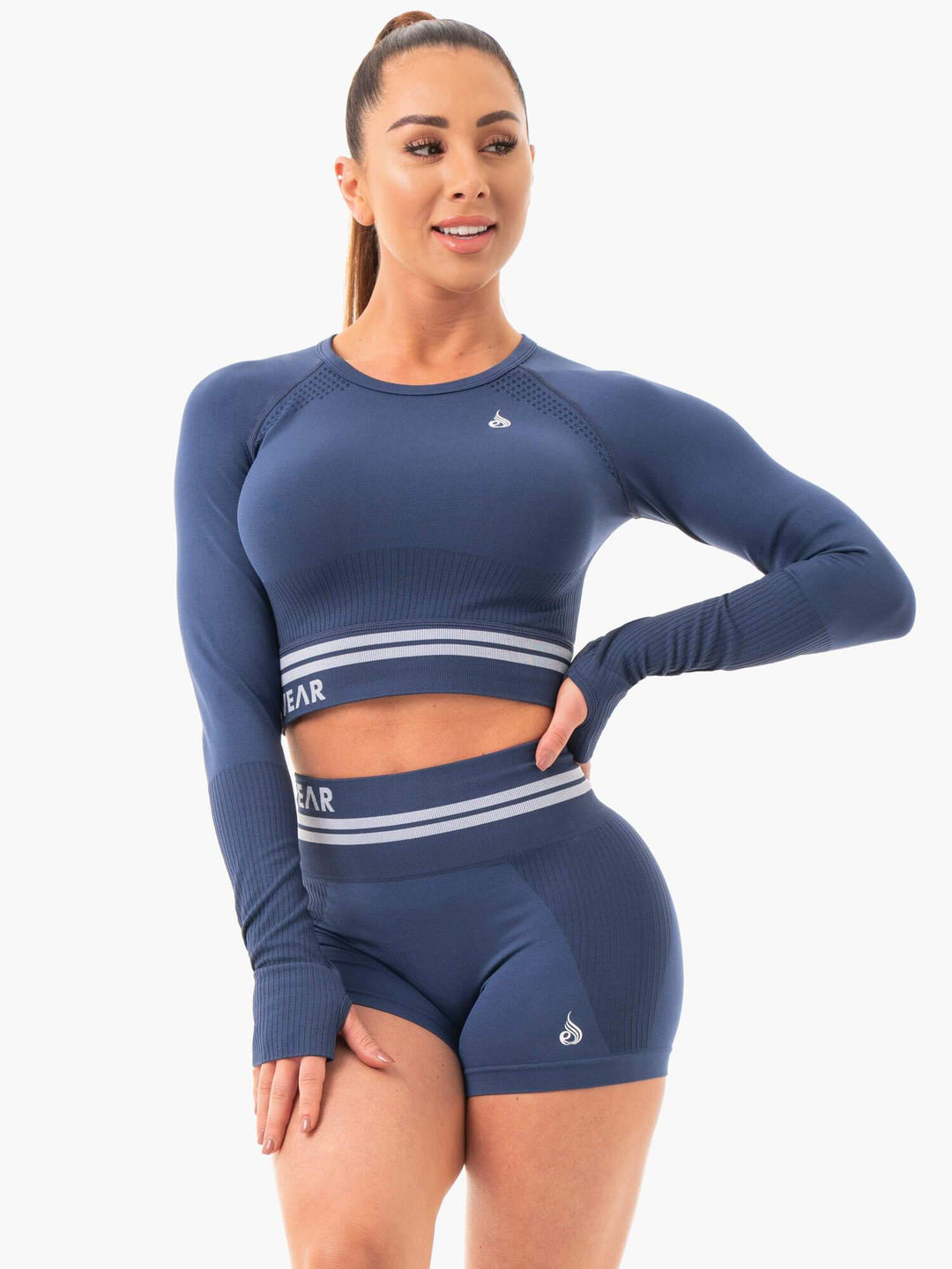 Freestyle Seamless Long Sleeve Crop - Steel Blue Clothing Ryderwear 