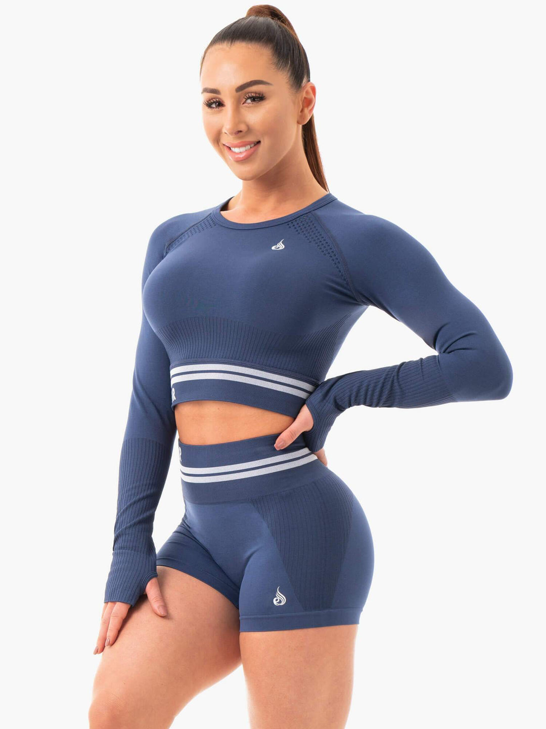 Freestyle Seamless Long Sleeve Crop - Steel Blue Clothing Ryderwear 