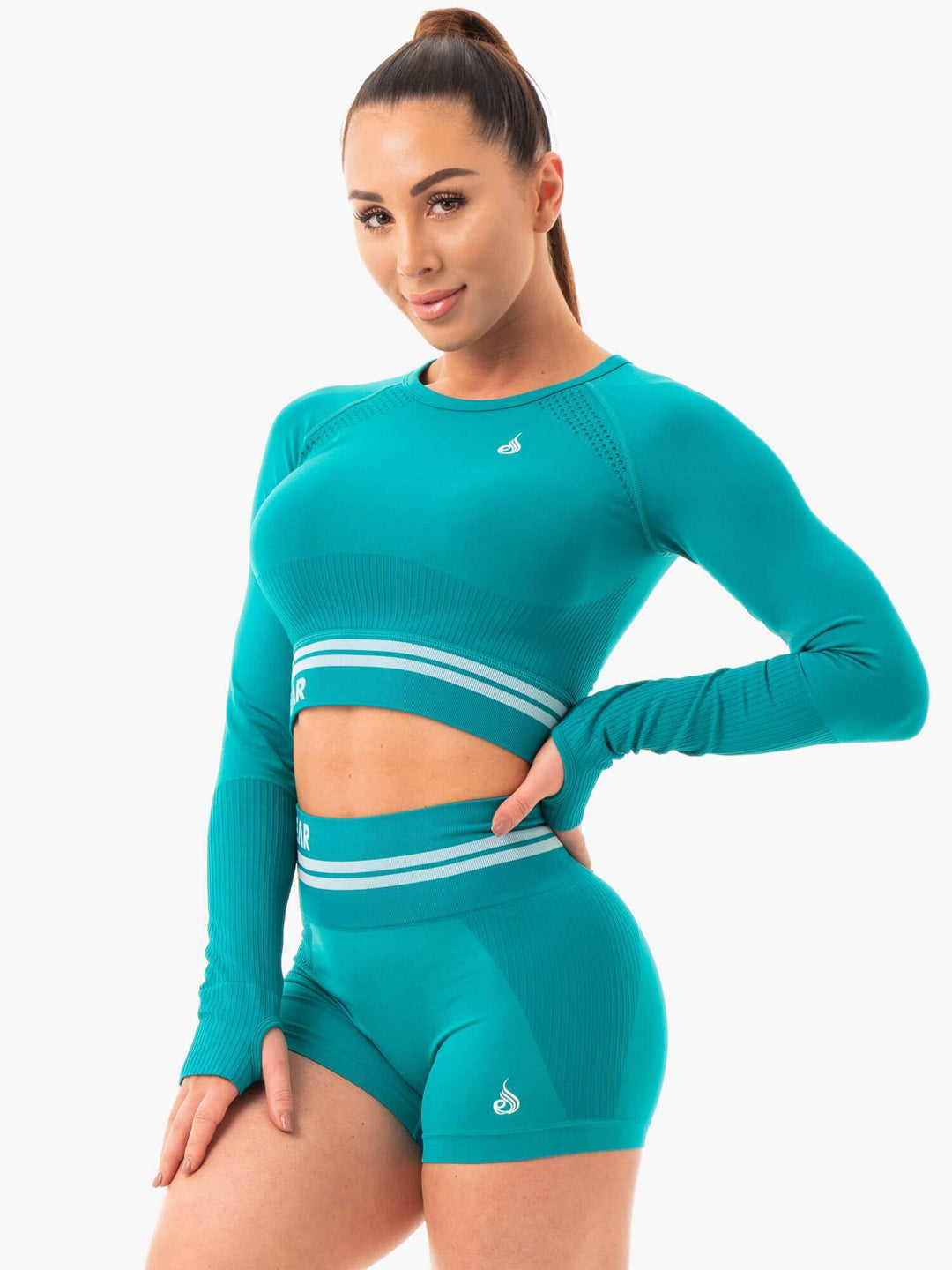 Freestyle Seamless Long Sleeve Crop - Teal Clothing Ryderwear 