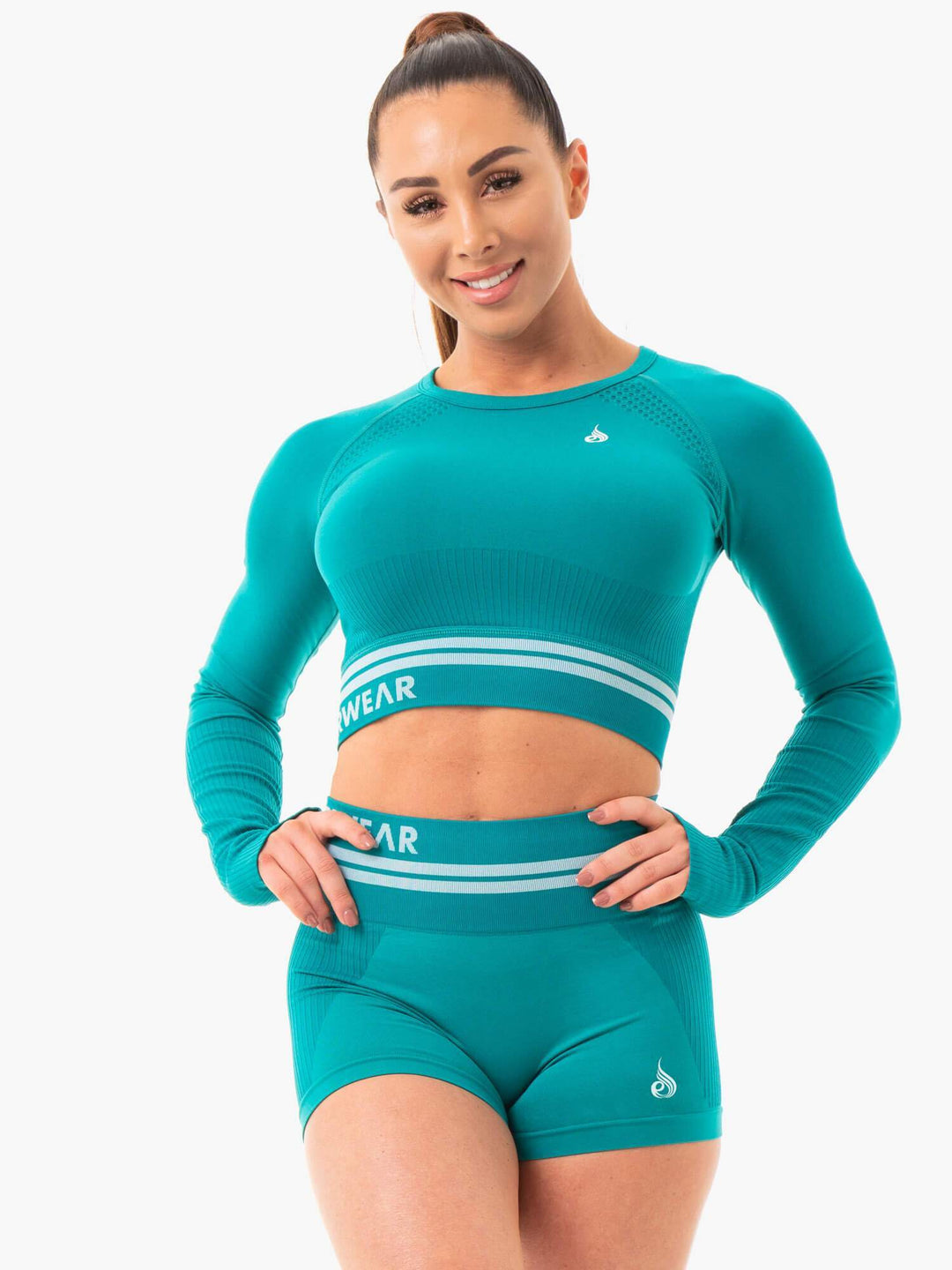 Freestyle Seamless Long Sleeve Crop - Teal Clothing Ryderwear 