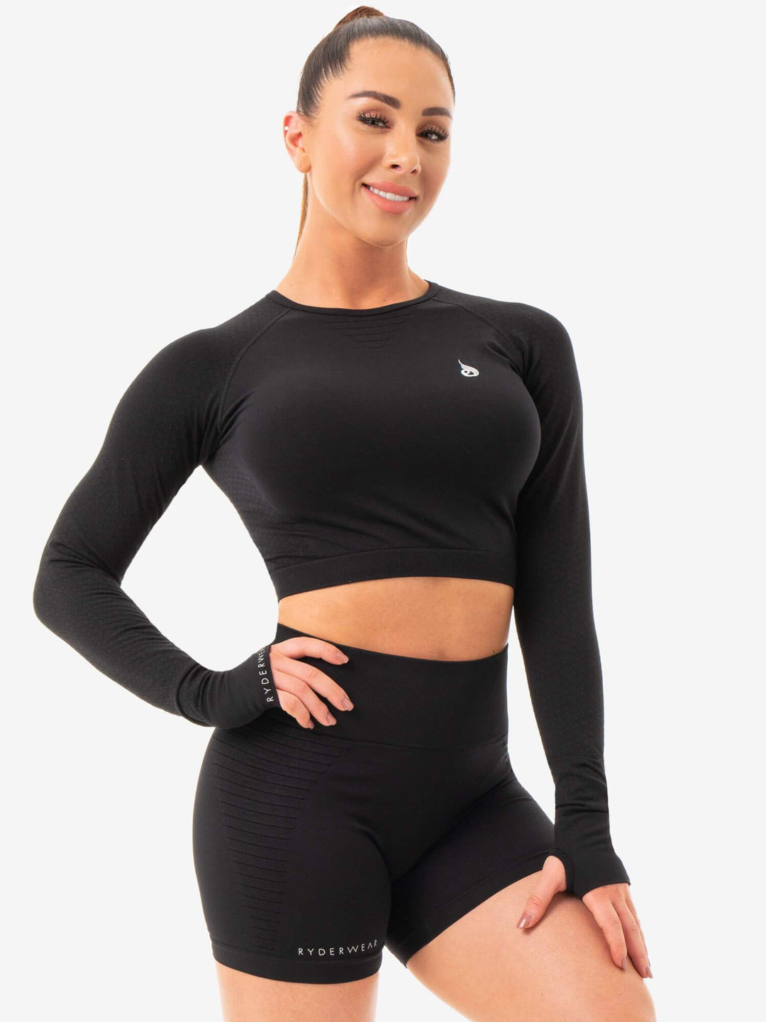 Geo Seamless Long Sleeve Crop Top - Black Clothing Ryderwear 