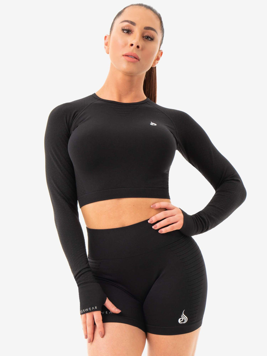 Geo Seamless Long Sleeve Crop Top - Black Clothing Ryderwear 