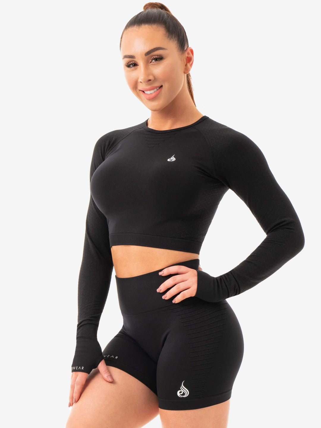 Geo Seamless Long Sleeve Crop Top - Black Clothing Ryderwear 