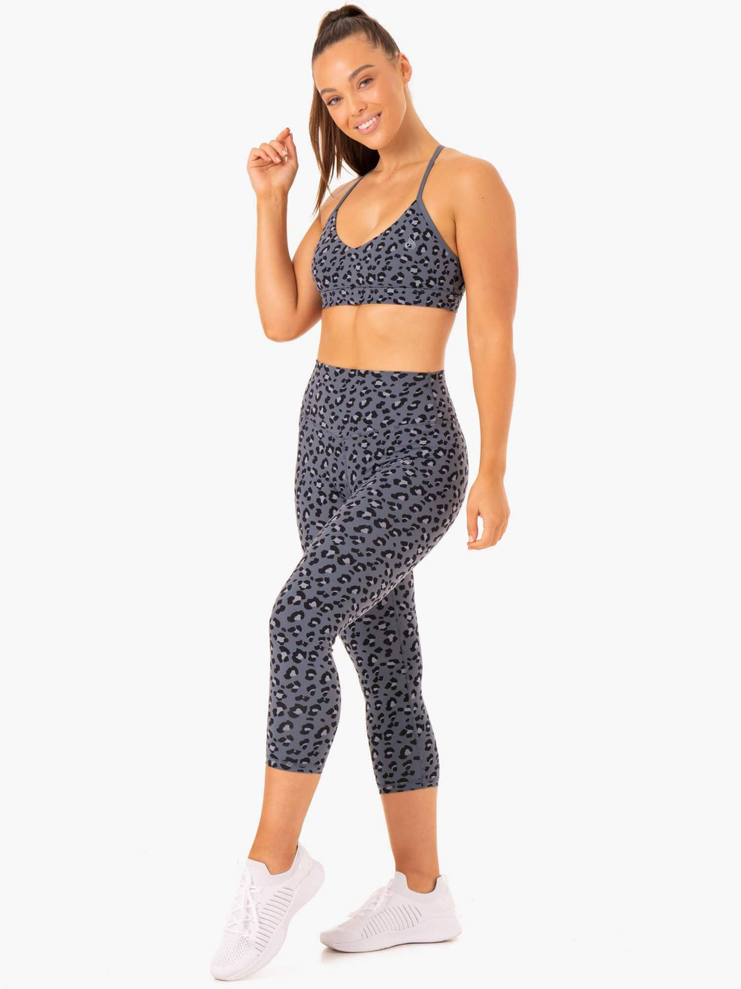 Hybrid 7/8 Leggings - Steel Blue Leopard Clothing Ryderwear 