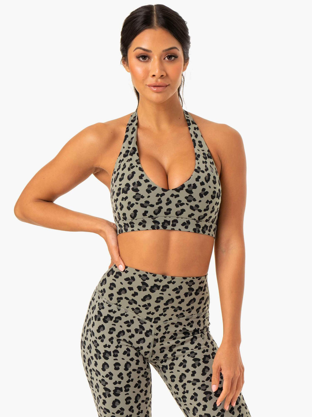 Hybrid Halter Sports Bra - Khaki Leopard Clothing Ryderwear 