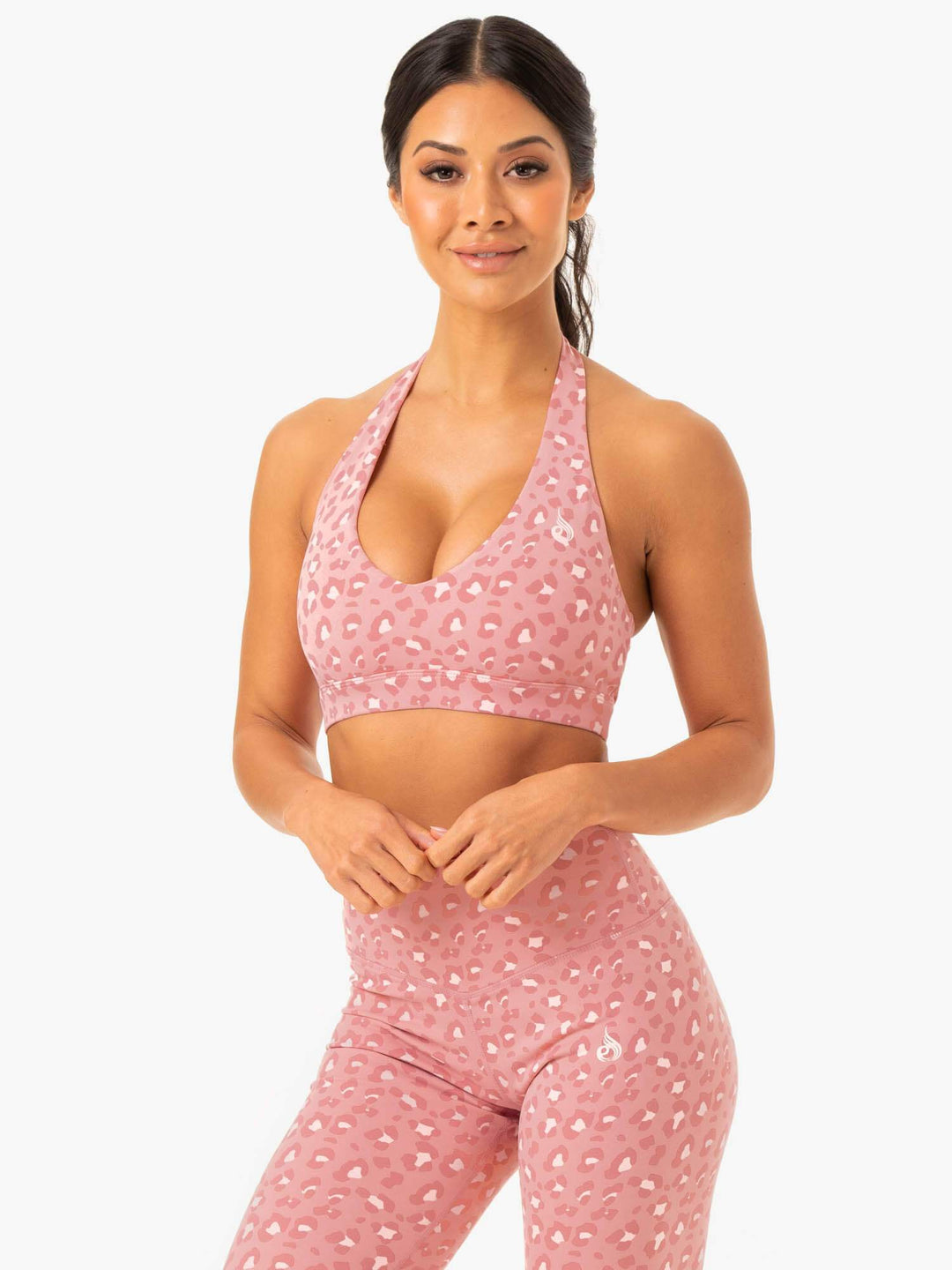 Hybrid Halter Sports Bra - Pink Leopard Clothing Ryderwear 