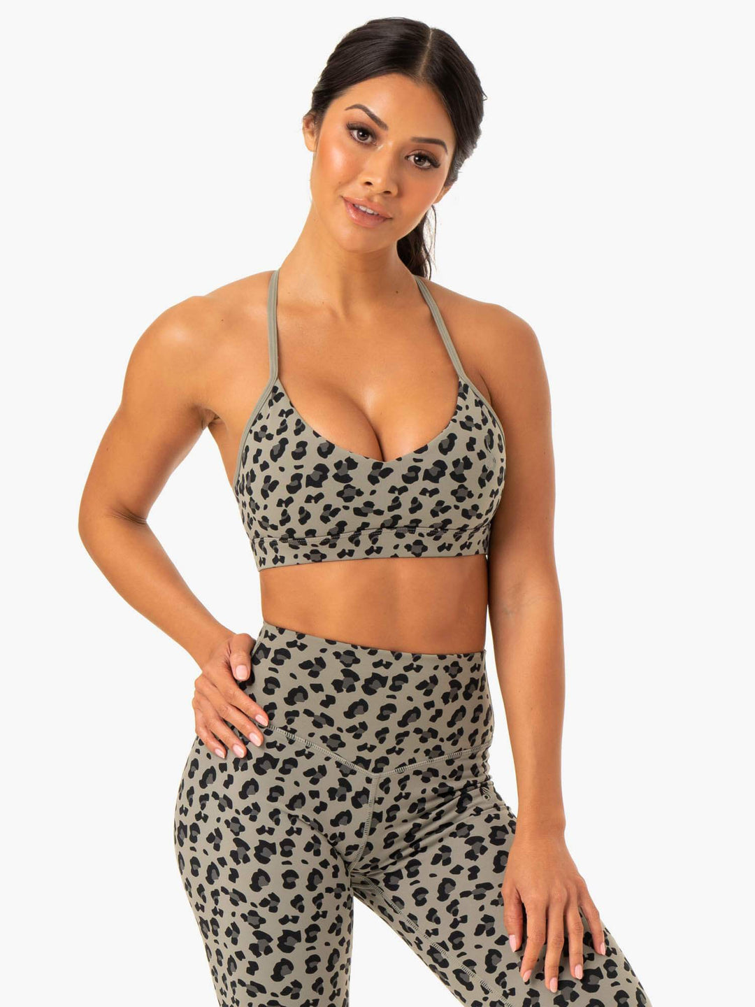 Hybrid Sports Bra - Khaki Leopard Clothing Ryderwear 