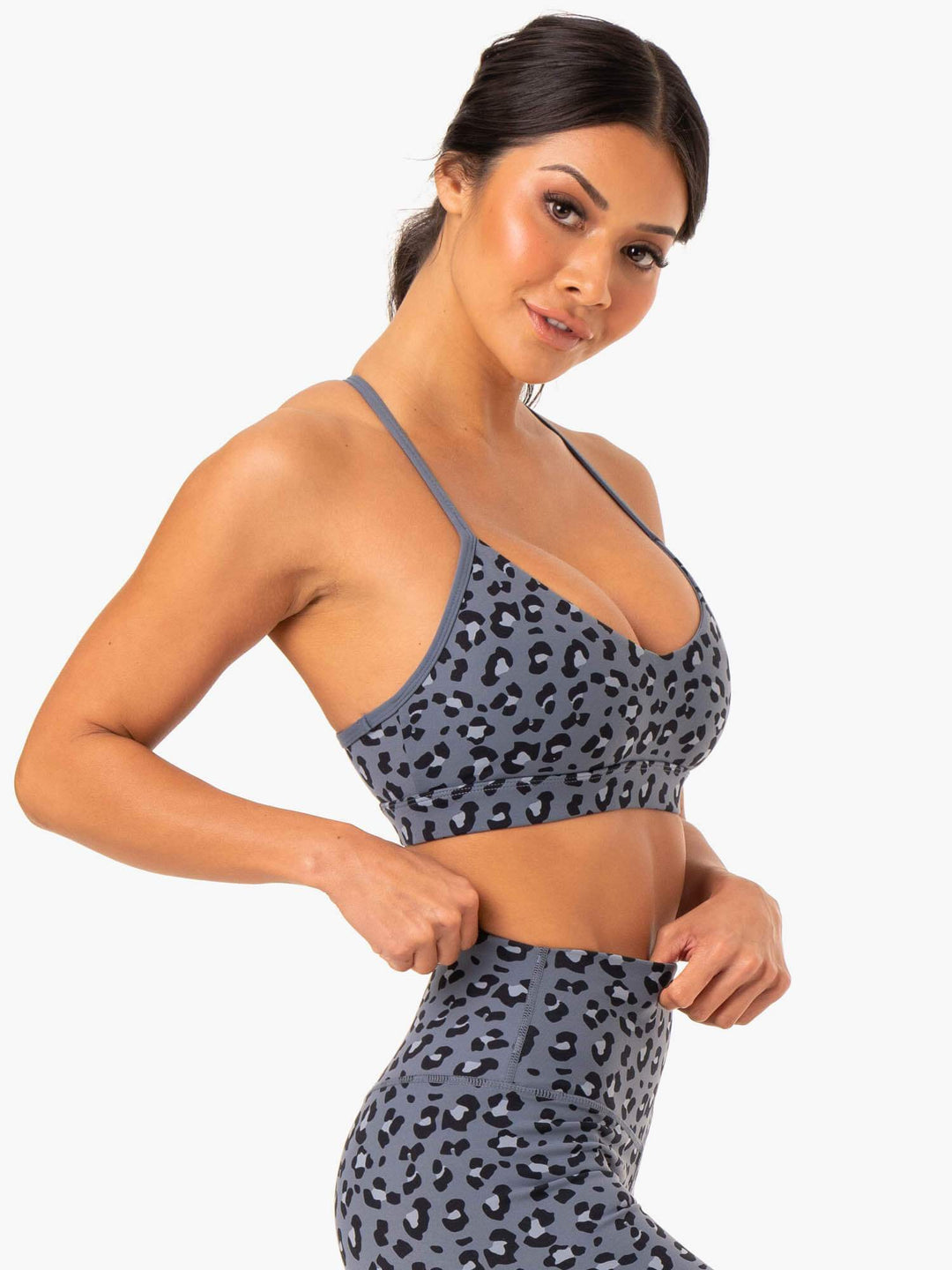 Hybrid Sports Bra - Steel Blue Leopard Clothing Ryderwear 