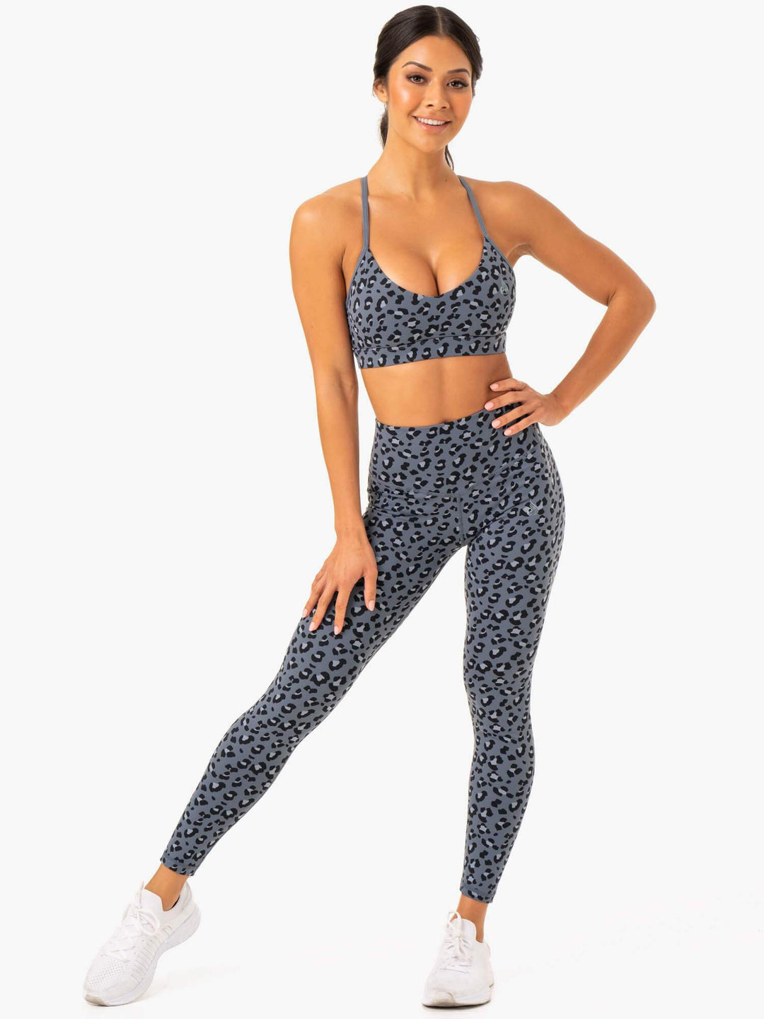 Hybrid Sports Bra - Steel Blue Leopard Clothing Ryderwear 