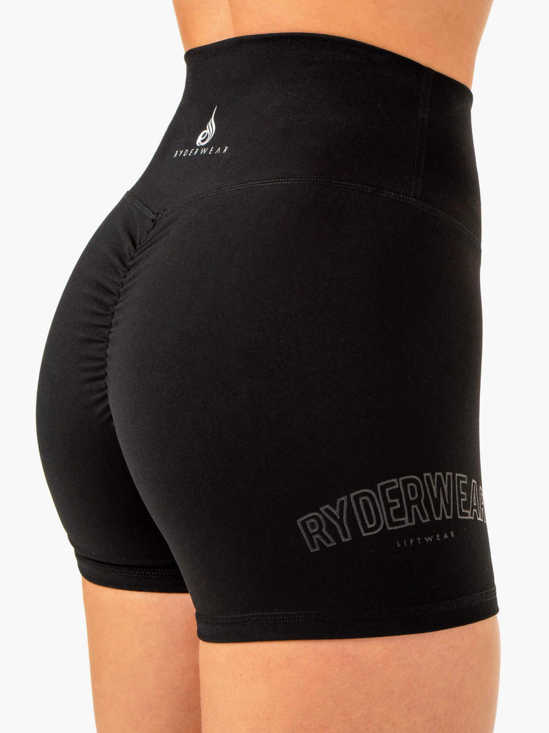 Knockout High Waisted Scrunch Mid Length Shorts - Black Clothing Ryderwear 