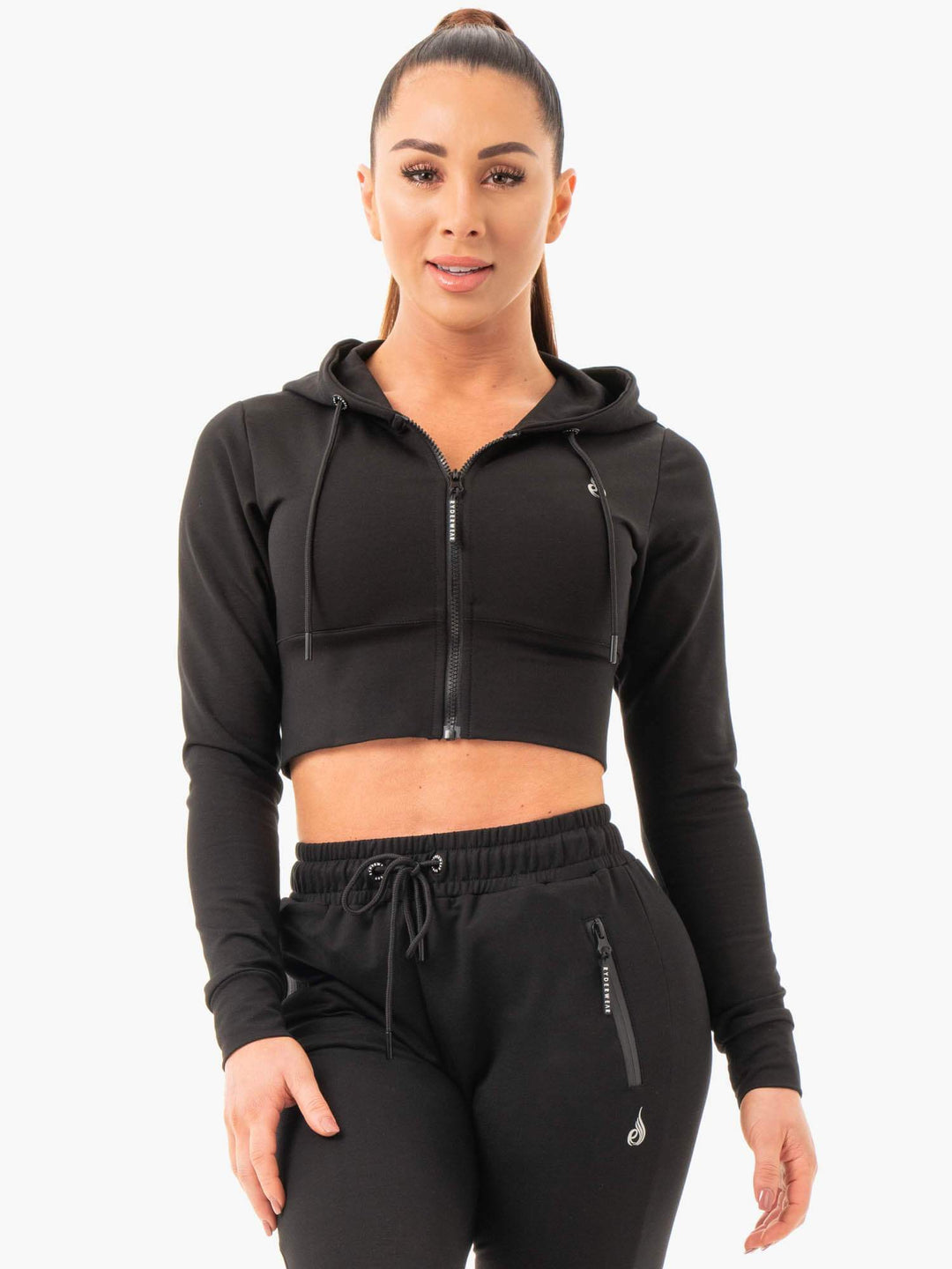 Luxe Cropped Zip Hoodie - Black Clothing Ryderwear 