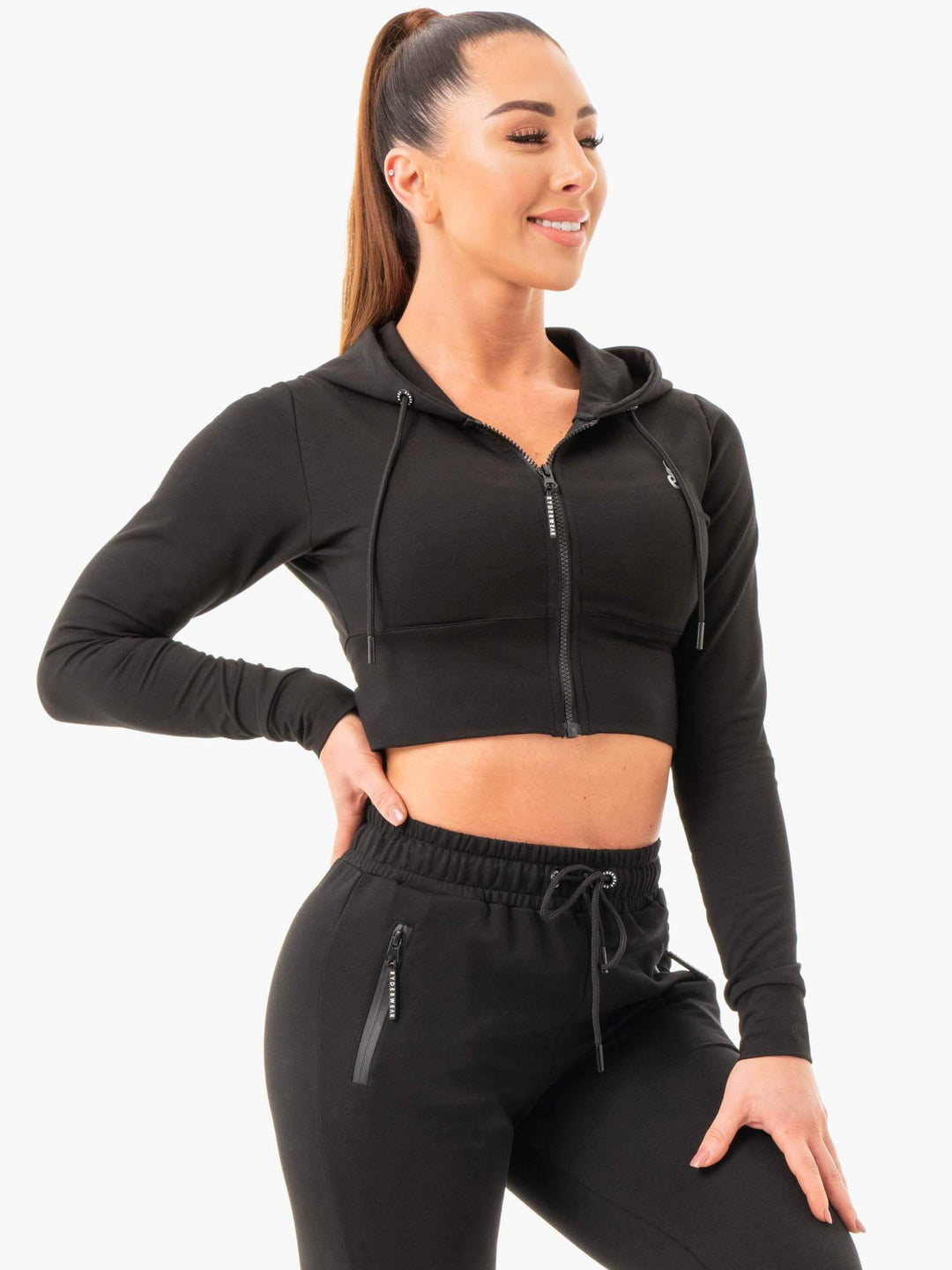 Luxe Cropped Zip Hoodie - Black Clothing Ryderwear 