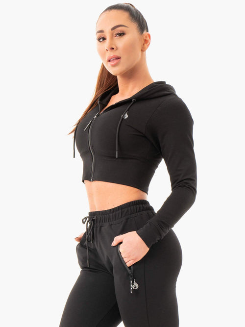 Luxe Cropped Zip Hoodie Black