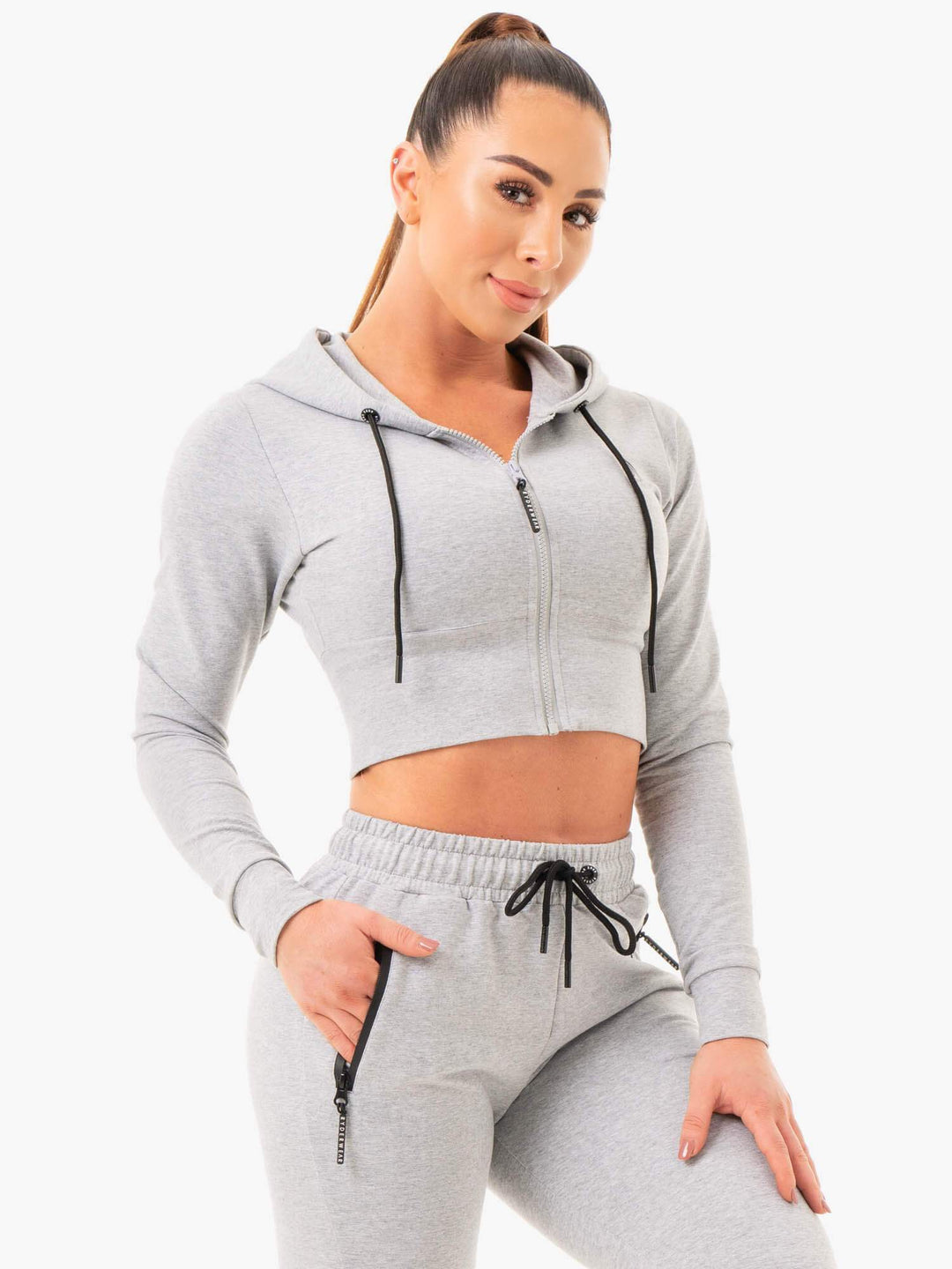 Luxe Cropped Zip Hoodie - Grey Marl Clothing Ryderwear 