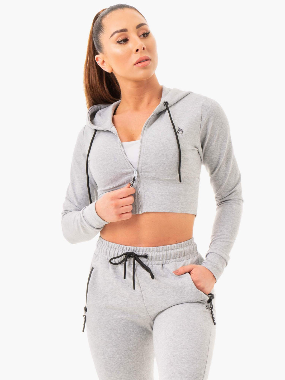 Luxe Cropped Zip Hoodie - Grey Marl Clothing Ryderwear 