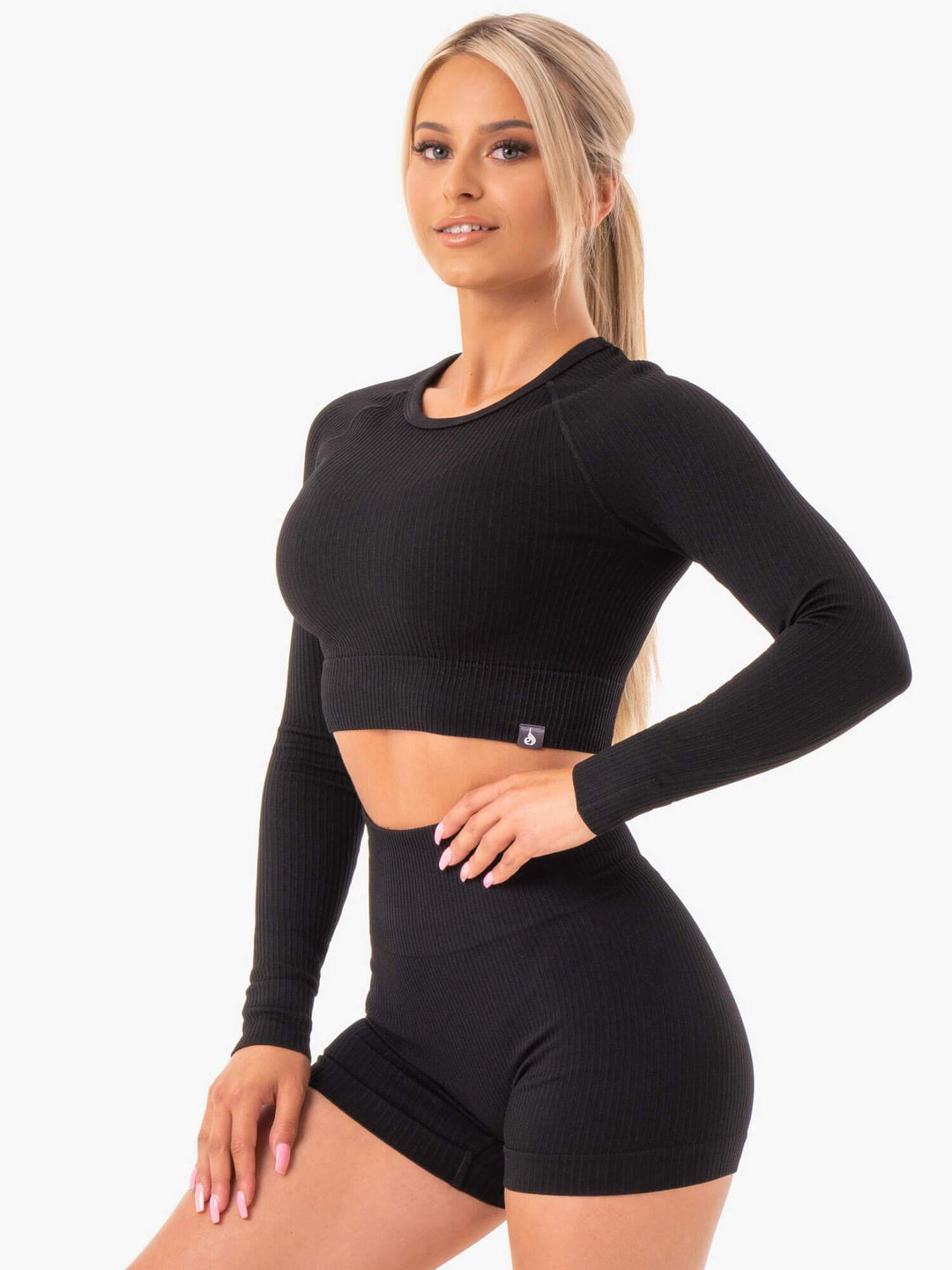 Rib Seamless Long Sleeve Top - Black Clothing Ryderwear 