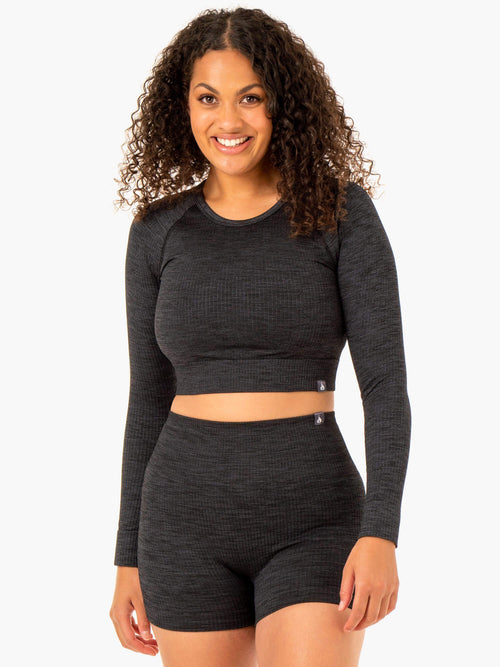 Rib Seamless Long Sleeve Top Black Marl