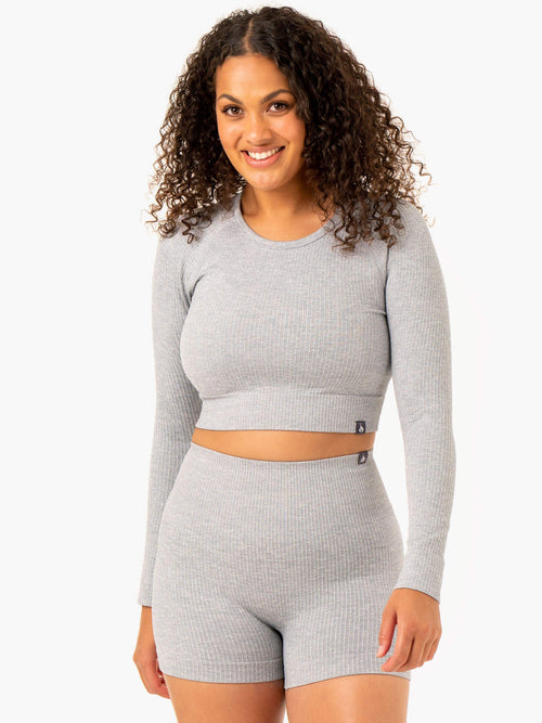 Rib Seamless Long Sleeve Top Light Grey Marl