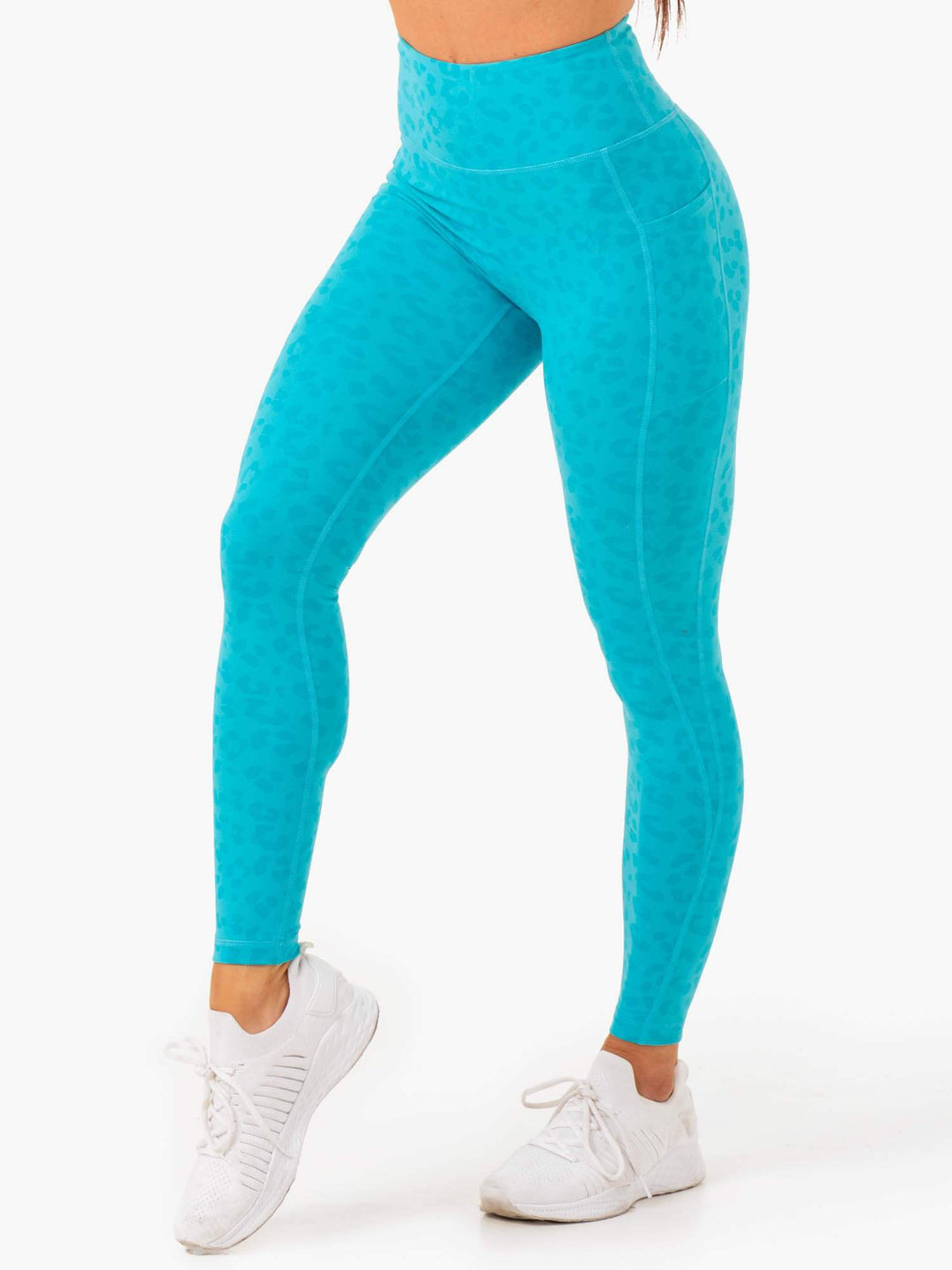 Ultra High Waisted Full Length Leggings - Aqua Leopard Clothing Ryderwear 