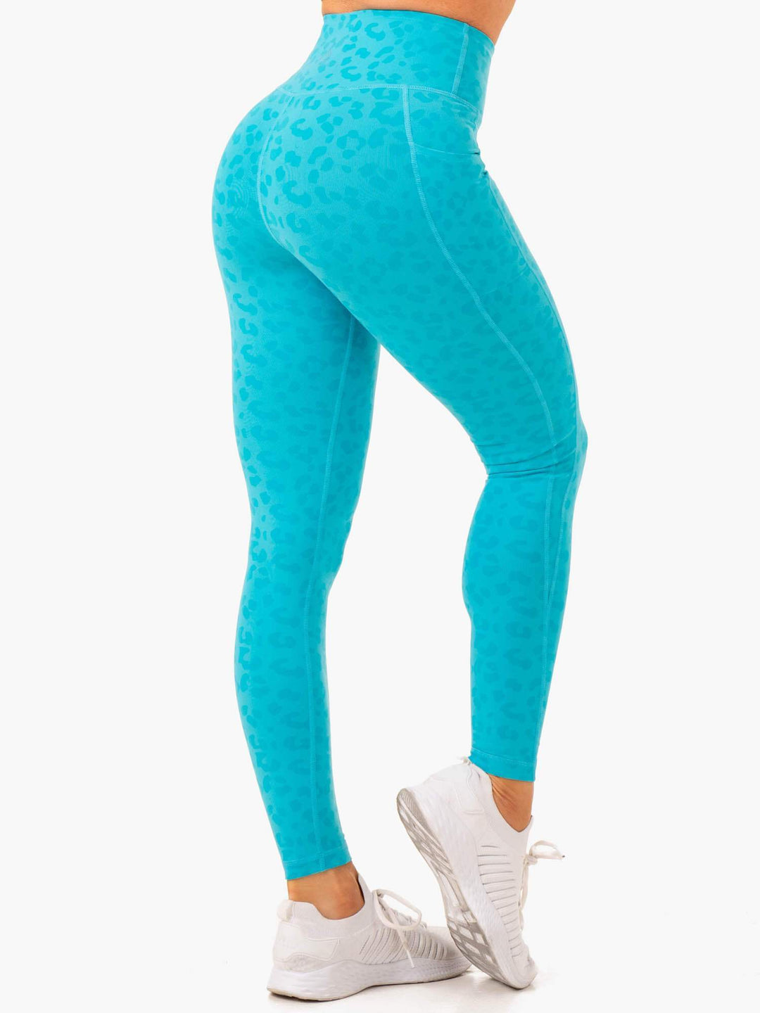 Ultra High Waisted Full Length Leggings - Aqua Leopard Clothing Ryderwear 